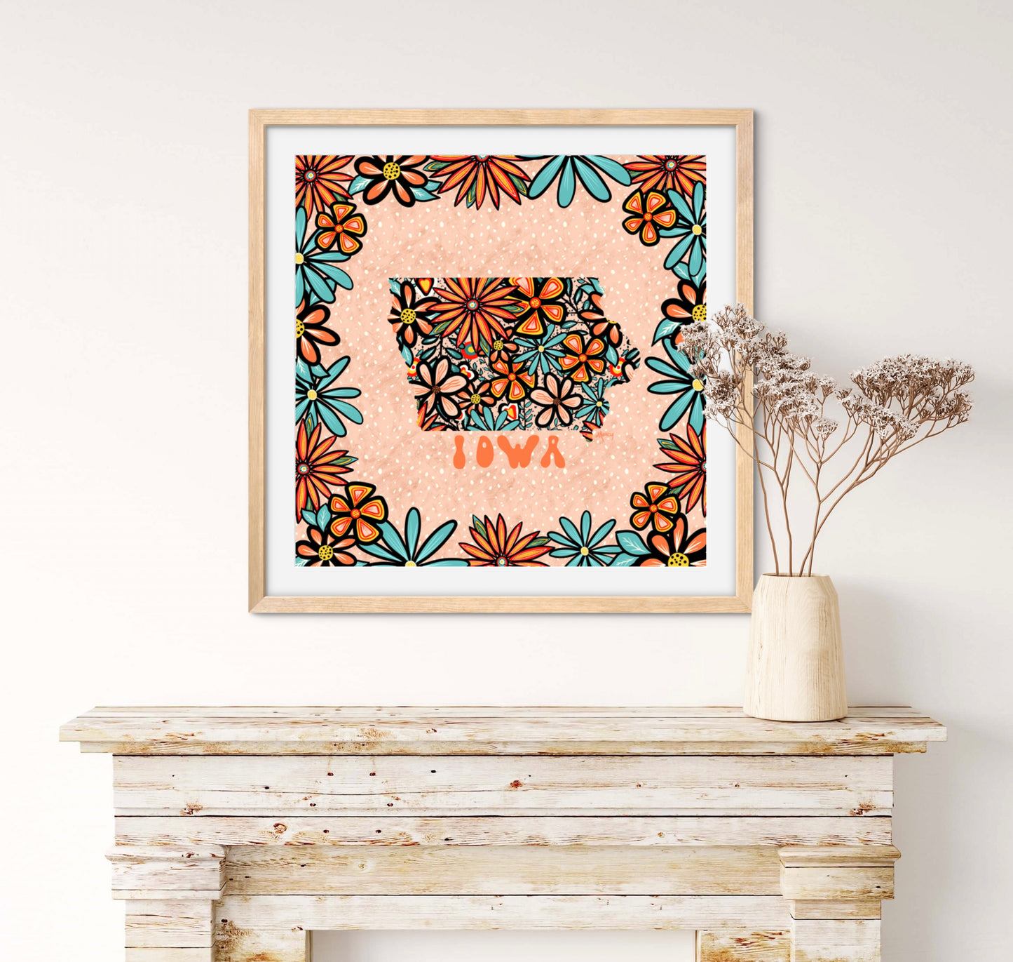 Iowa Illustration with Hand-Lettering — Premium Matte Paper Wooden Framed Poster