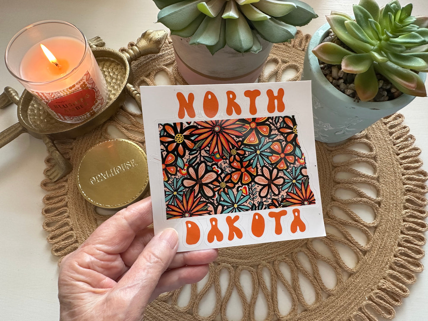 North Dakota State Sticker | Vinyl Artist Designed Illustration Featuring North Dakota State Outline Filled With Retro Flowers with Retro Hand-Lettering Die-Cut Stickers