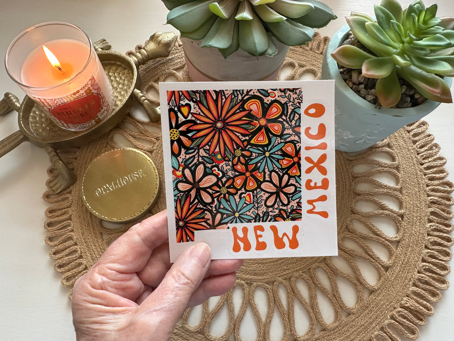 New Mexico State Sticker | Vinyl Artist Designed Illustration Featuring New Mexico State Outline Filled With Retro Flowers with Retro Hand-Lettering Die-Cut Stickers