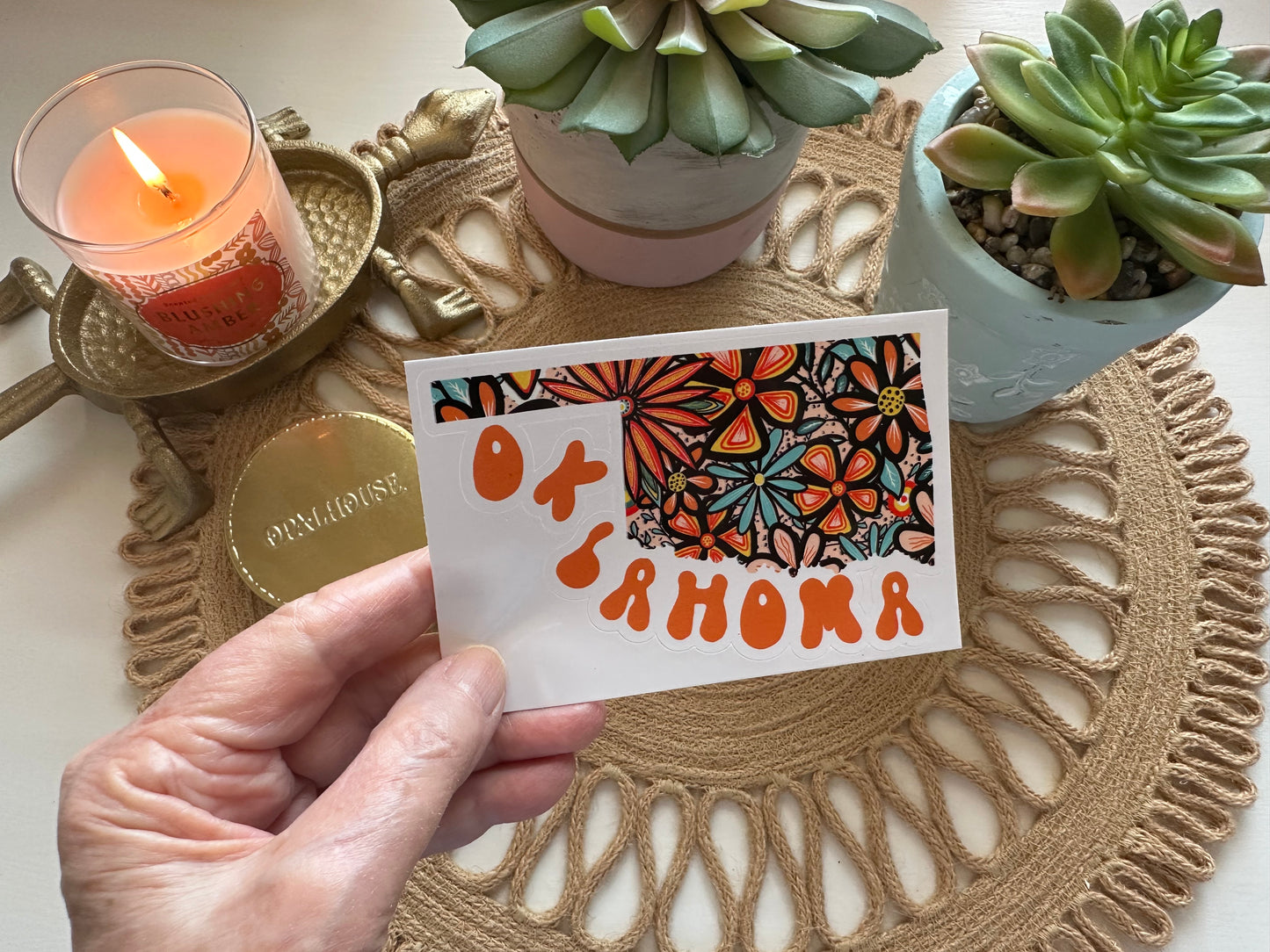 Oklahoma State Sticker | Vinyl Artist Designed Illustration Featuring Oklahoma State Filled With Retro Flowers with Retro Hand-Lettering Die-Cut Stickers