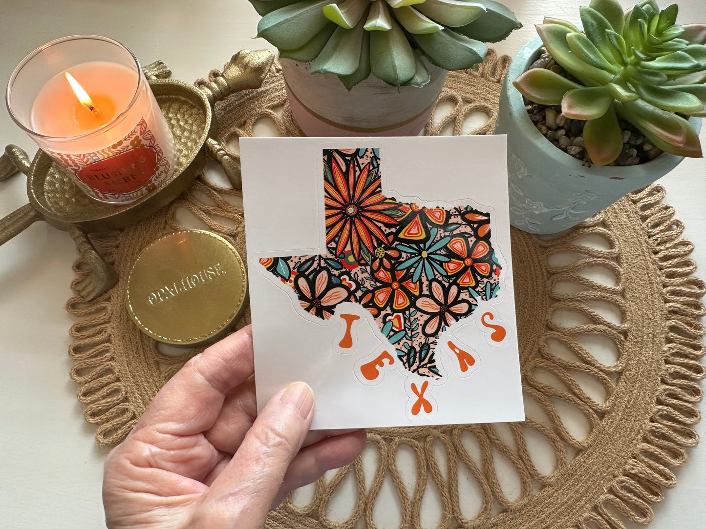 Texas State Sticker | Vinyl Artist Designed Illustration Featuring Texas State Filled With Retro Flowers with Retro Hand-Lettering Die-Cut Stickers