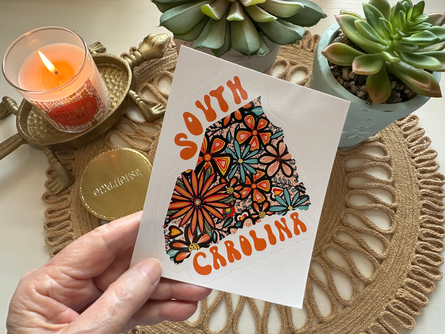 South Carolina State Sticker | Vinyl Artist Designed Illustration Featuring South Carolina State Filled With Retro Flowers with Retro Hand-Lettering Die-Cut Stickers