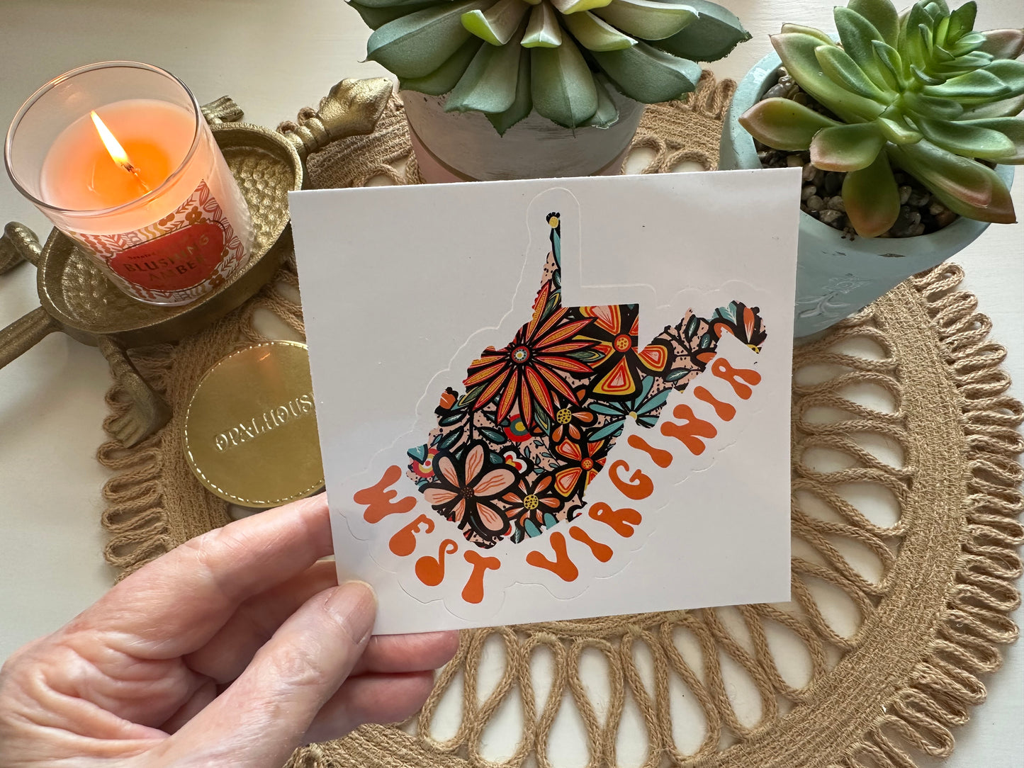 West Virginia State Sticker | Vinyl Artist Designed Illustration Featuring West Virginia State Filled With Retro Flowers with Retro Hand-Lettering Die-Cut Stickers