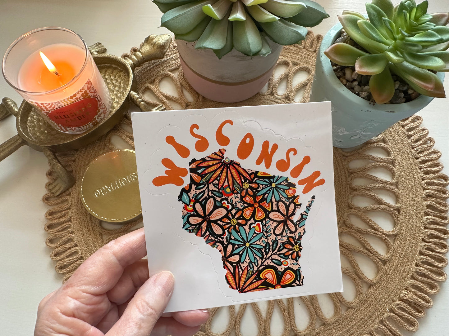 Wisconsin State Sticker | Vinyl Artist Designed Illustration Featuring Wisconsin State Filled With Retro Flowers with Retro Hand-Lettering Die-Cut Stickers