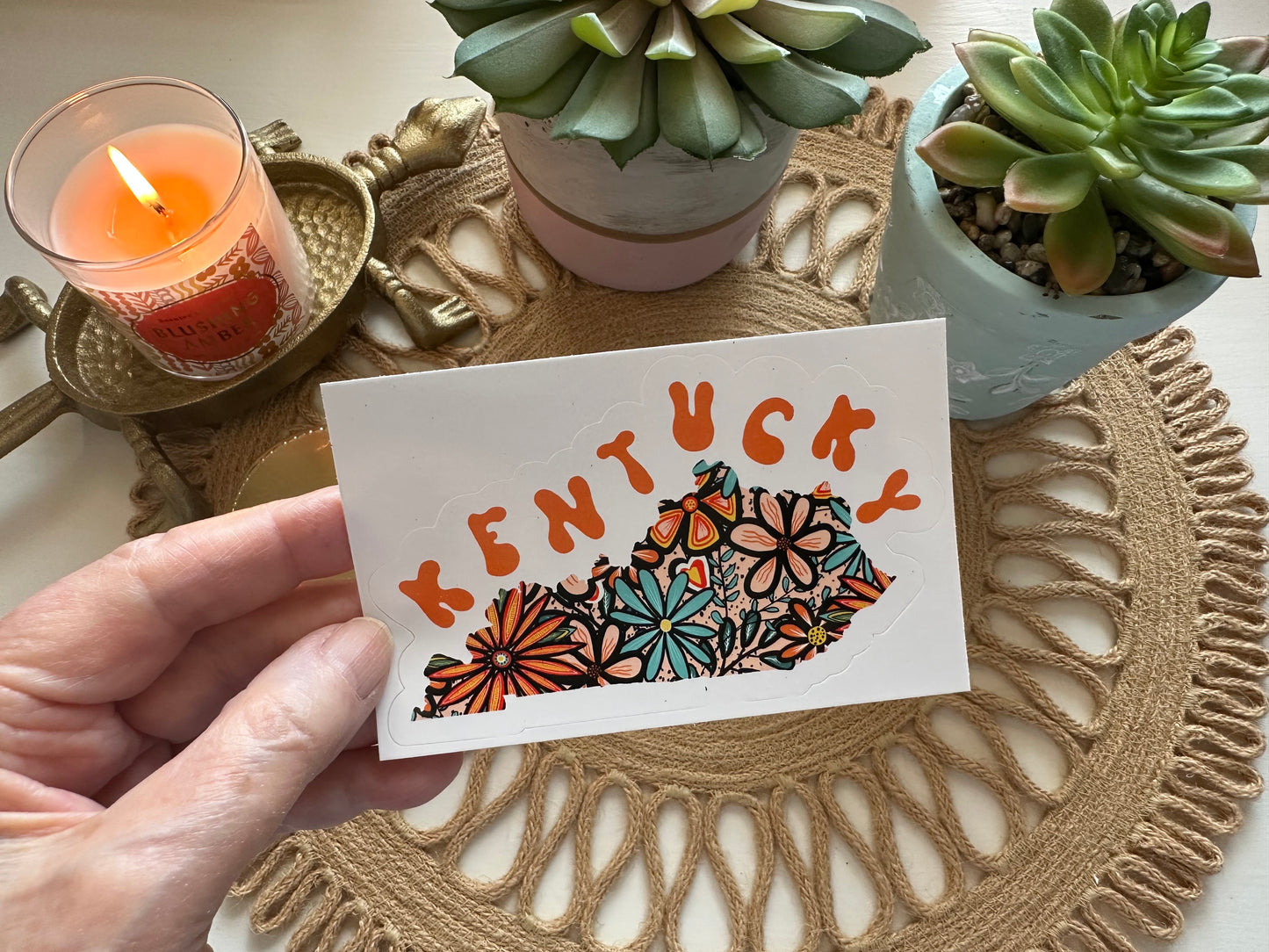 Kentucky State Sticker | Vinyl Artist Designed Illustration Featuring Kentucky State Outline Filled With Retro Flowers with Retro Hand-Lettering Die-Cut Stickers