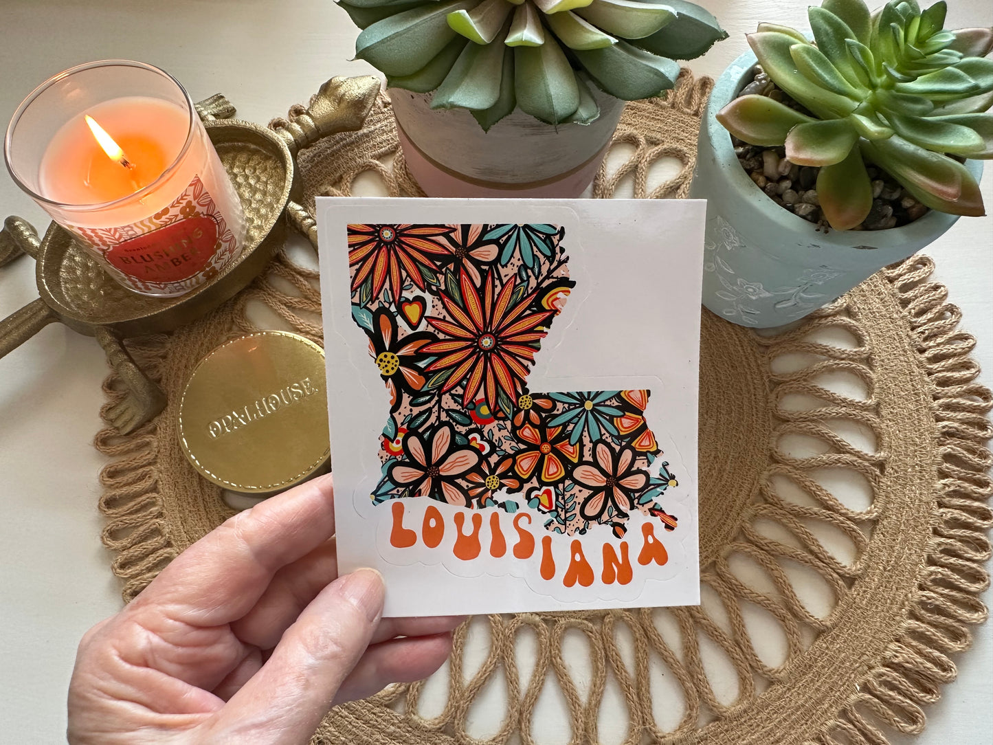 Louisiana State Sticker | Vinyl Artist Designed Illustration Featuring Louisiana State Outline Filled With Retro Flowers with Retro Hand-Lettering Die-Cut Stickers