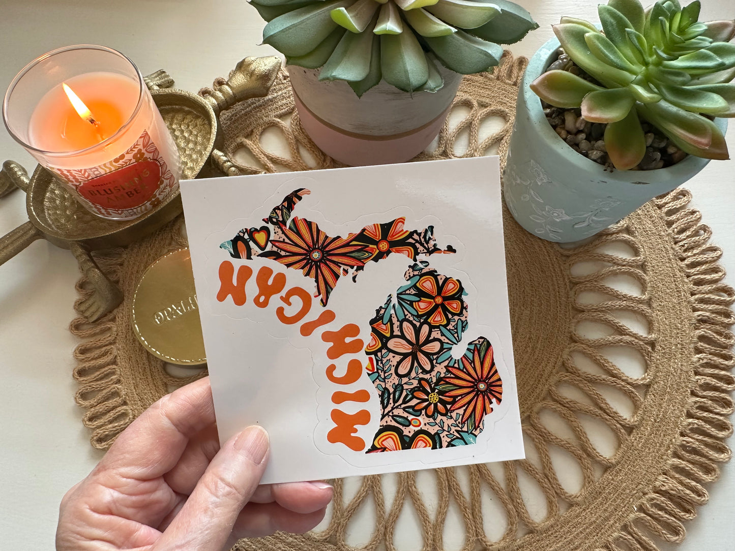 Michigan State Sticker | Vinyl Artist Designed Illustration Featuring Michigan State Outline Filled With Retro Flowers with Retro Hand-Lettering Die-Cut Stickers
