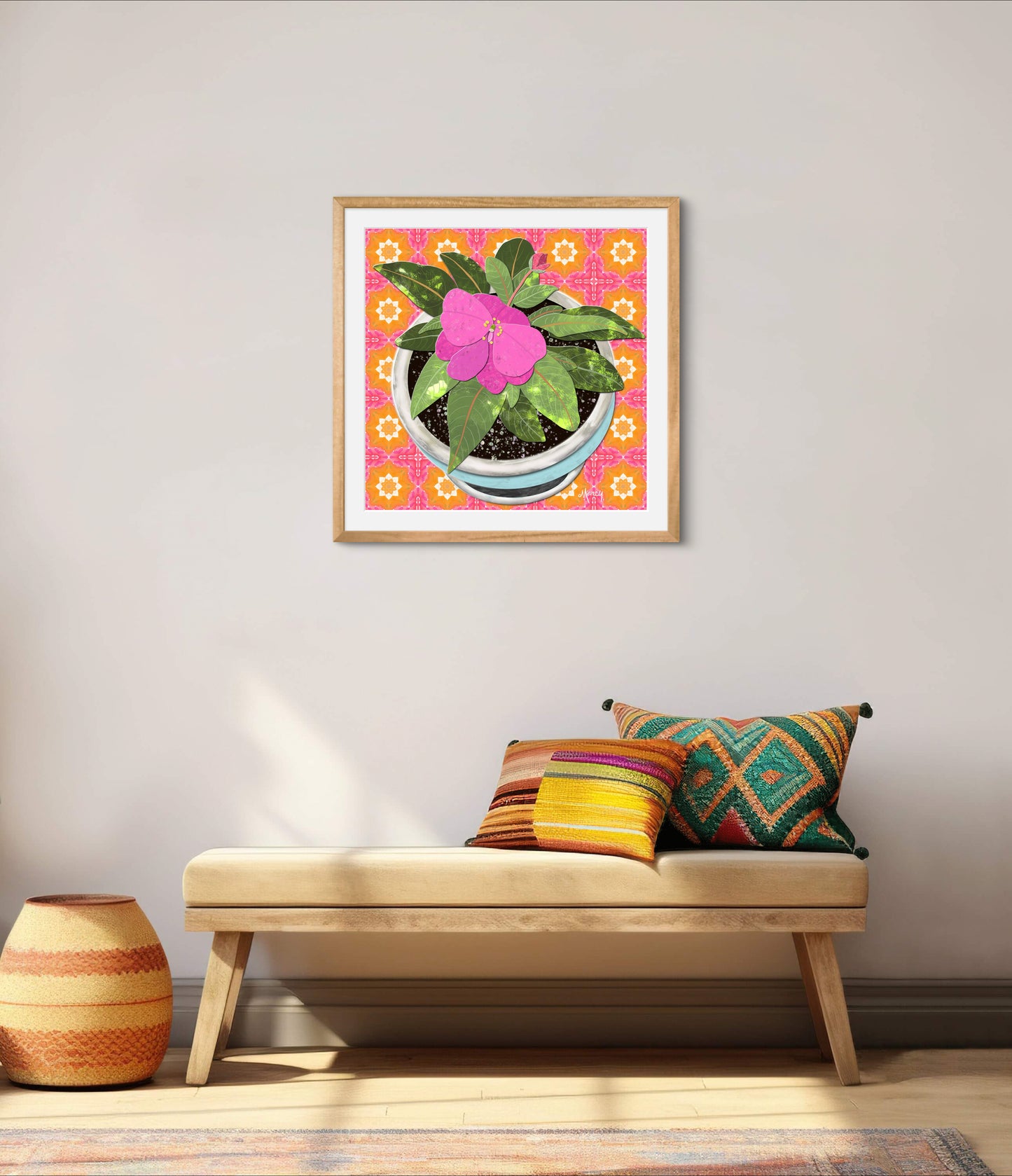 Pink New Guinea Impatiens Digital Painted Paper Collage -  Premium Matte Paper Wooden Framed Poster