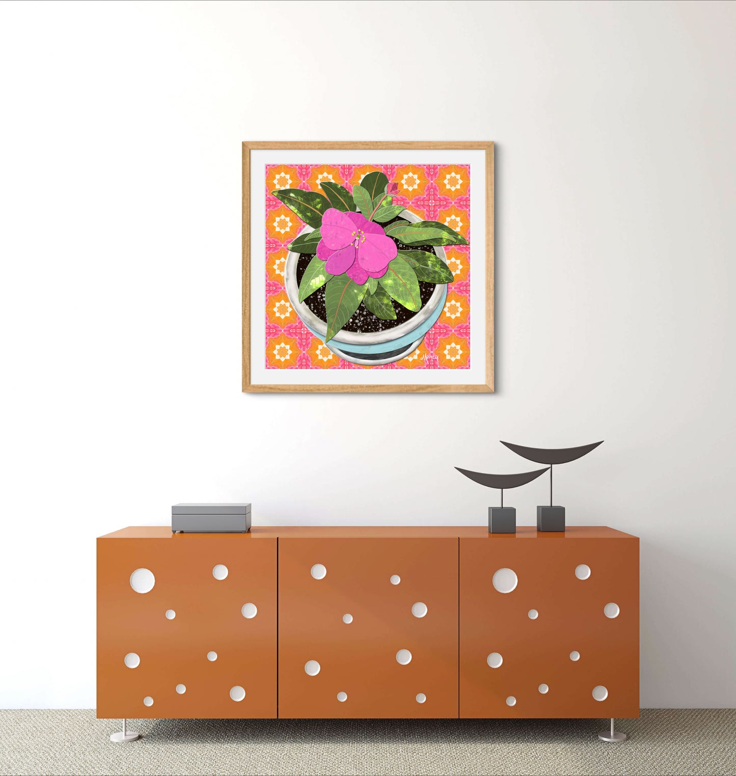 Pink New Guinea Impatiens Digital Painted Paper Collage -  Premium Matte Paper Wooden Framed Poster