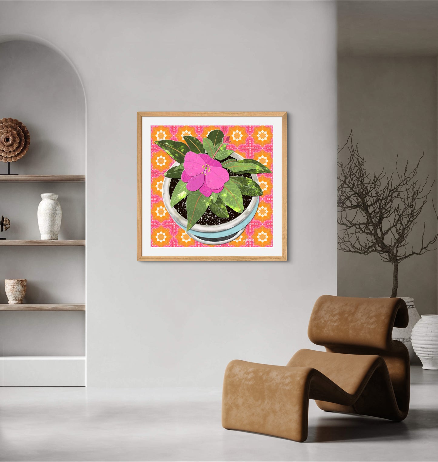 Pink New Guinea Impatiens Digital Painted Paper Collage -  Premium Matte Paper Wooden Framed Poster