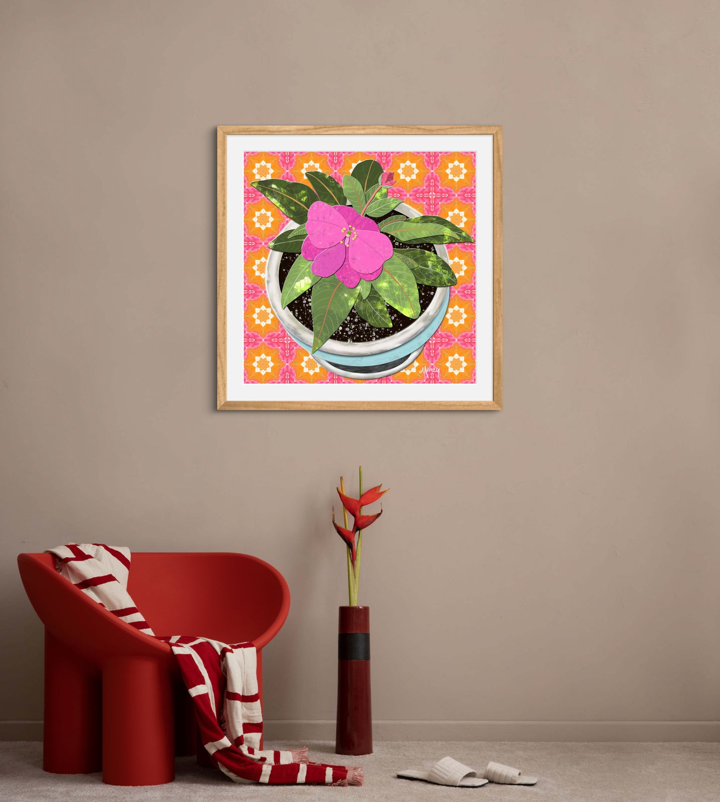 Pink New Guinea Impatiens Digital Painted Paper Collage -  Premium Matte Paper Wooden Framed Poster