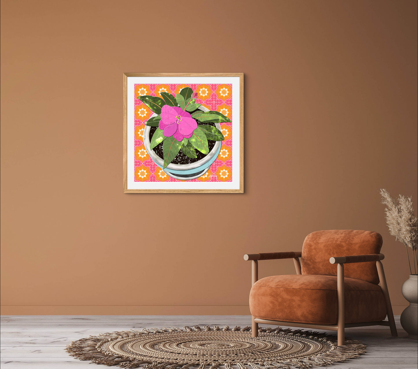 Pink New Guinea Impatiens Digital Painted Paper Collage -  Premium Matte Paper Wooden Framed Poster