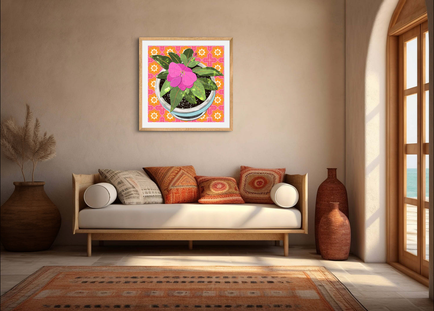 Pink New Guinea Impatiens Digital Painted Paper Collage -  Premium Matte Paper Wooden Framed Poster