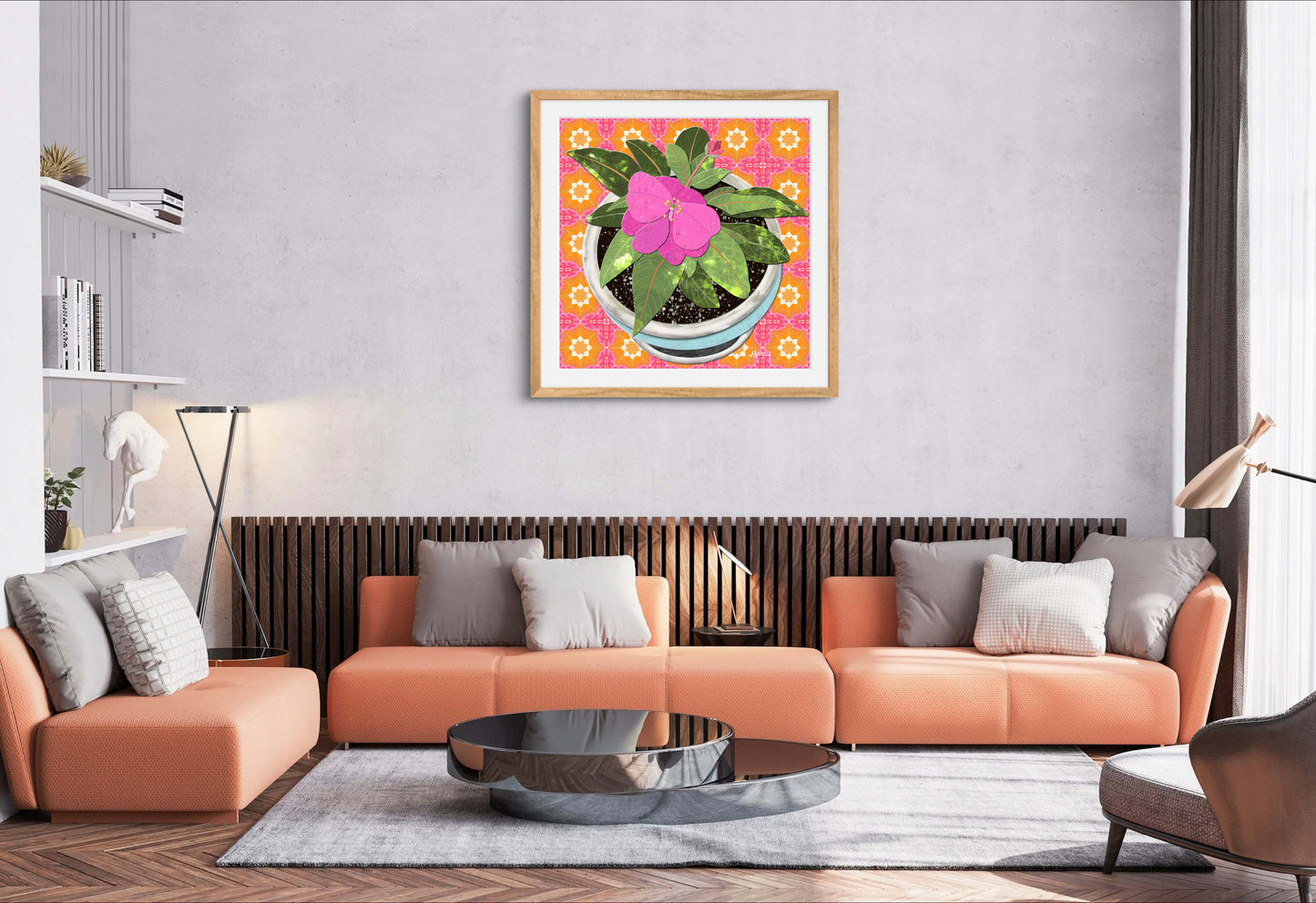 Pink New Guinea Impatiens Digital Painted Paper Collage -  Premium Matte Paper Wooden Framed Poster