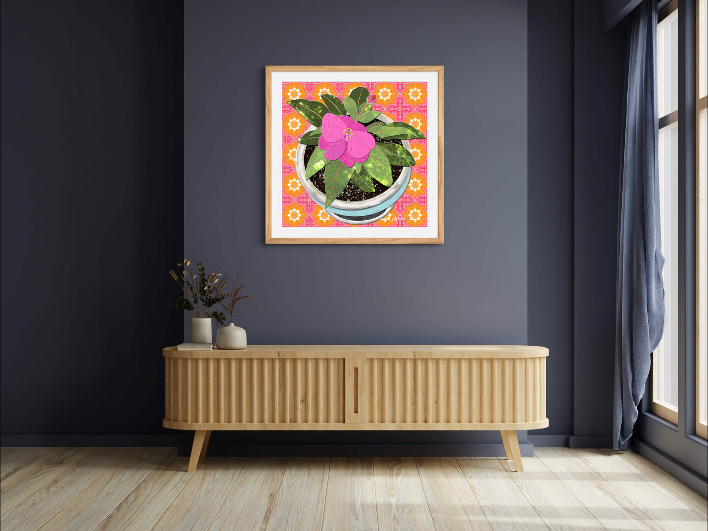 Pink New Guinea Impatiens Digital Painted Paper Collage -  Premium Matte Paper Wooden Framed Poster