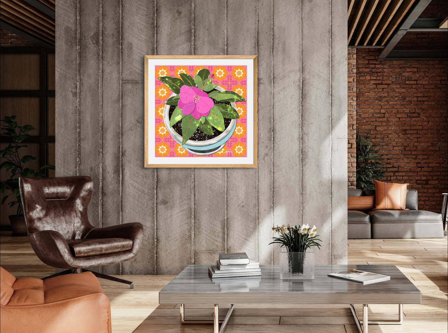 Pink New Guinea Impatiens Digital Painted Paper Collage -  Premium Matte Paper Wooden Framed Poster