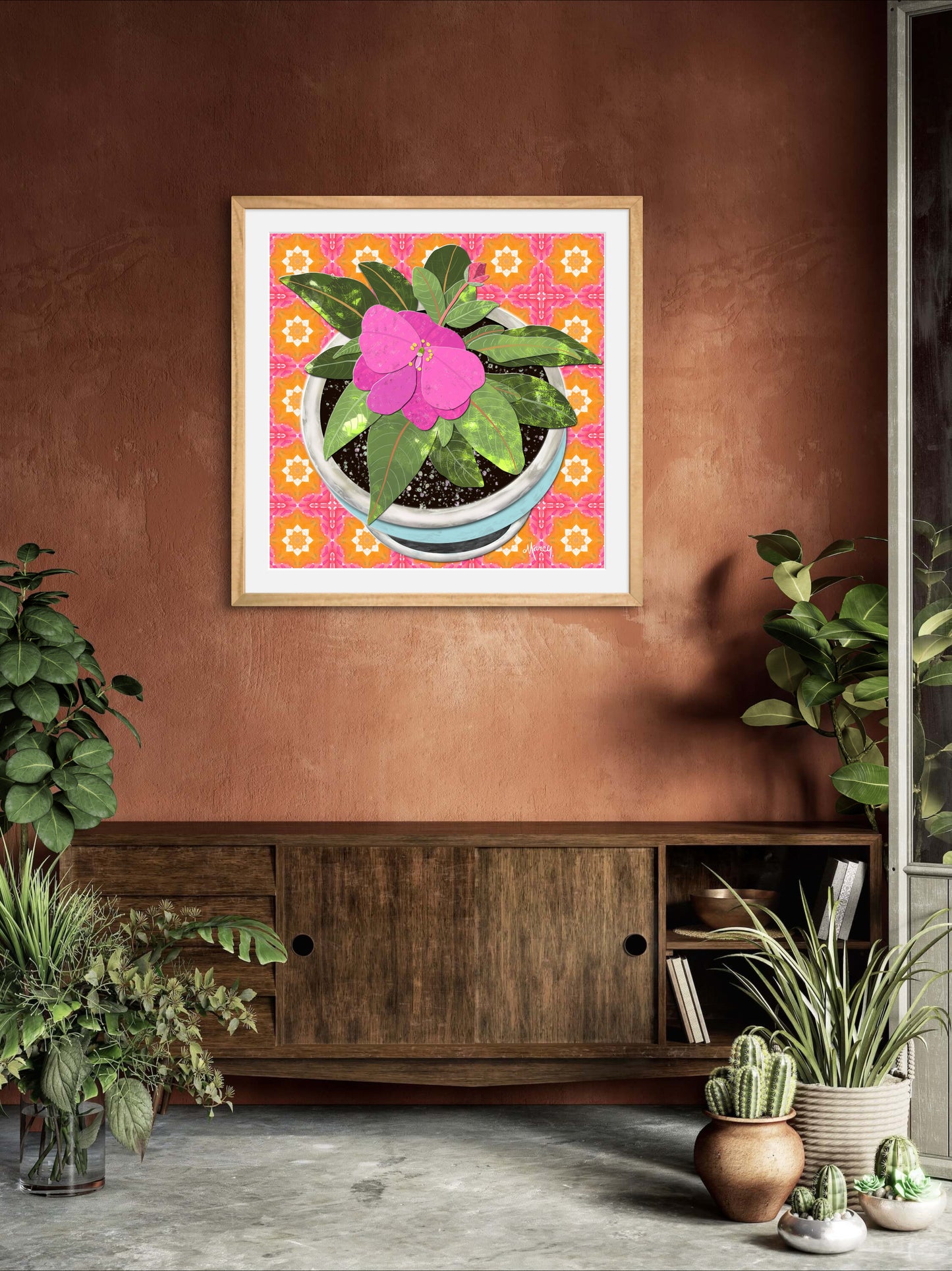 Pink New Guinea Impatiens Digital Painted Paper Collage -  Premium Matte Paper Wooden Framed Poster