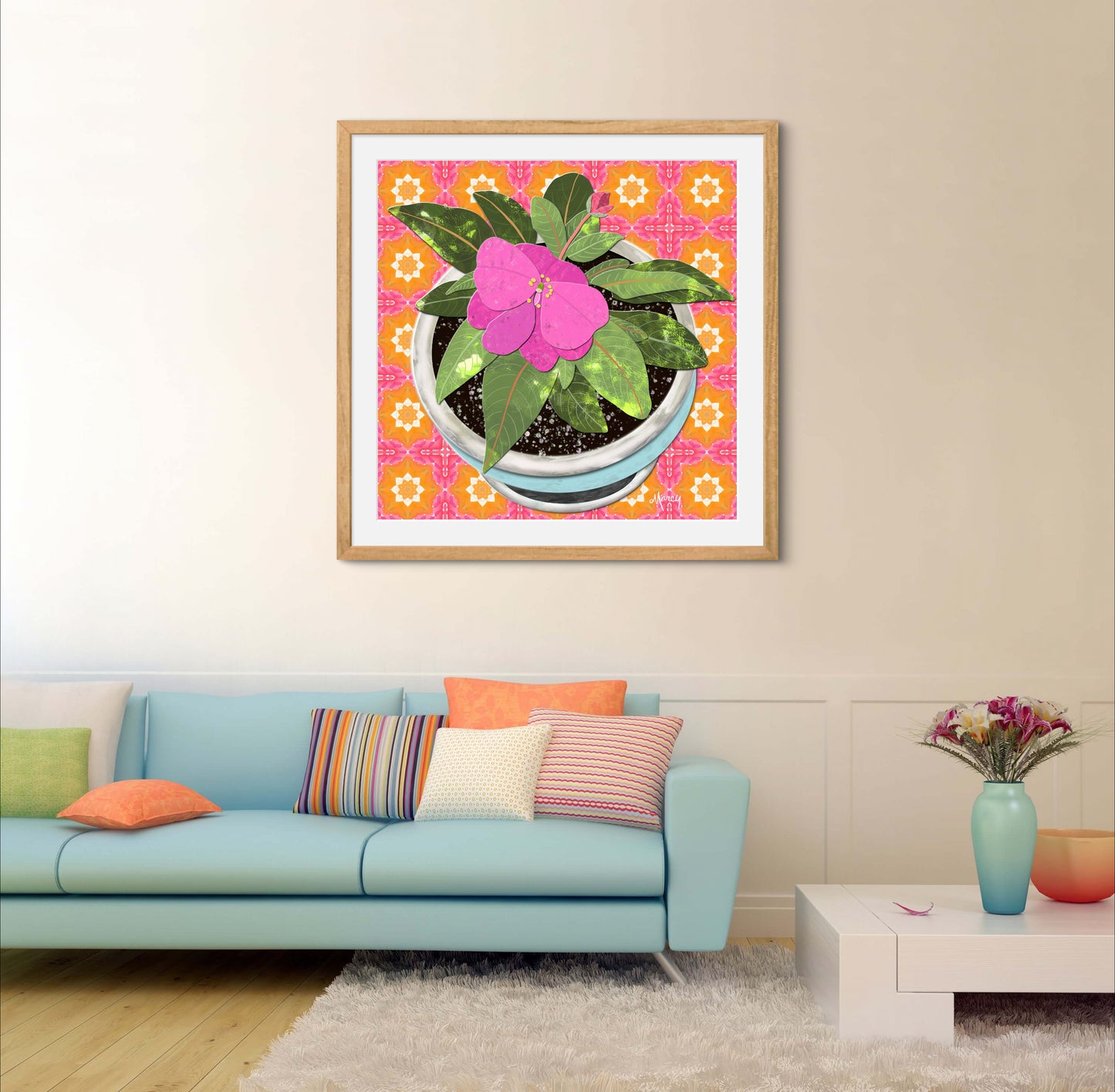 Pink New Guinea Impatiens Digital Painted Paper Collage -  Premium Matte Paper Wooden Framed Poster