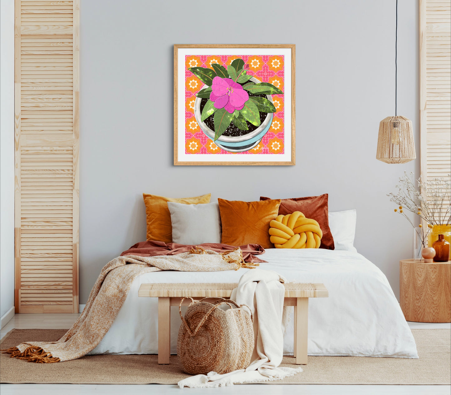 Pink New Guinea Impatiens Digital Painted Paper Collage -  Premium Matte Paper Wooden Framed Poster