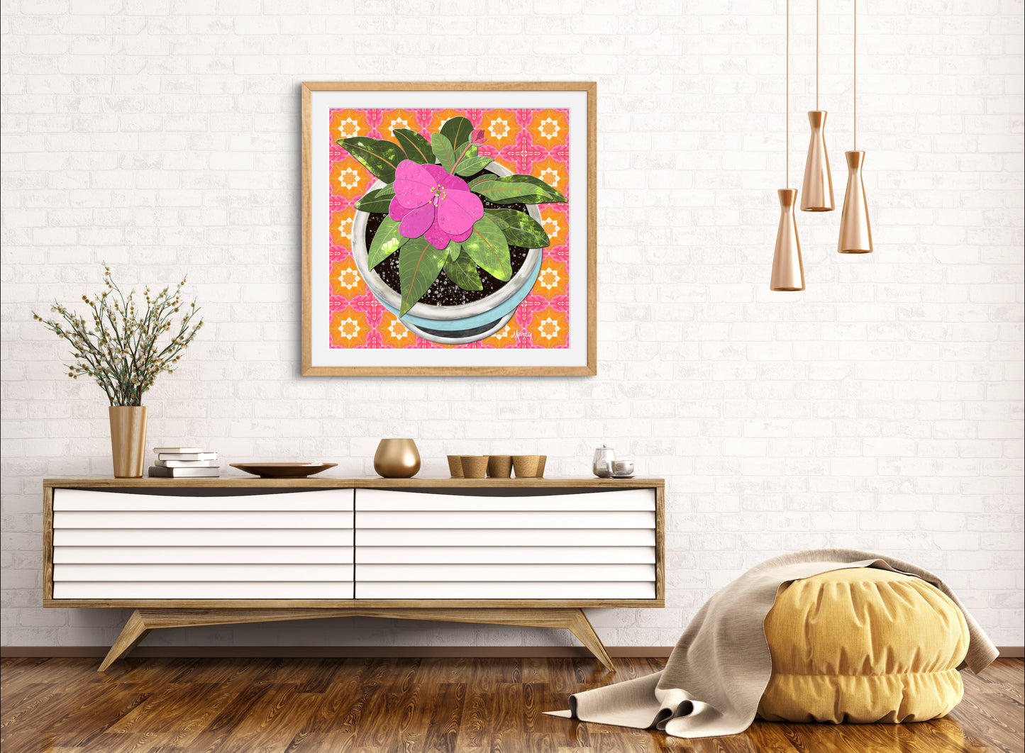 Pink New Guinea Impatiens Digital Painted Paper Collage -  Premium Matte Paper Wooden Framed Poster