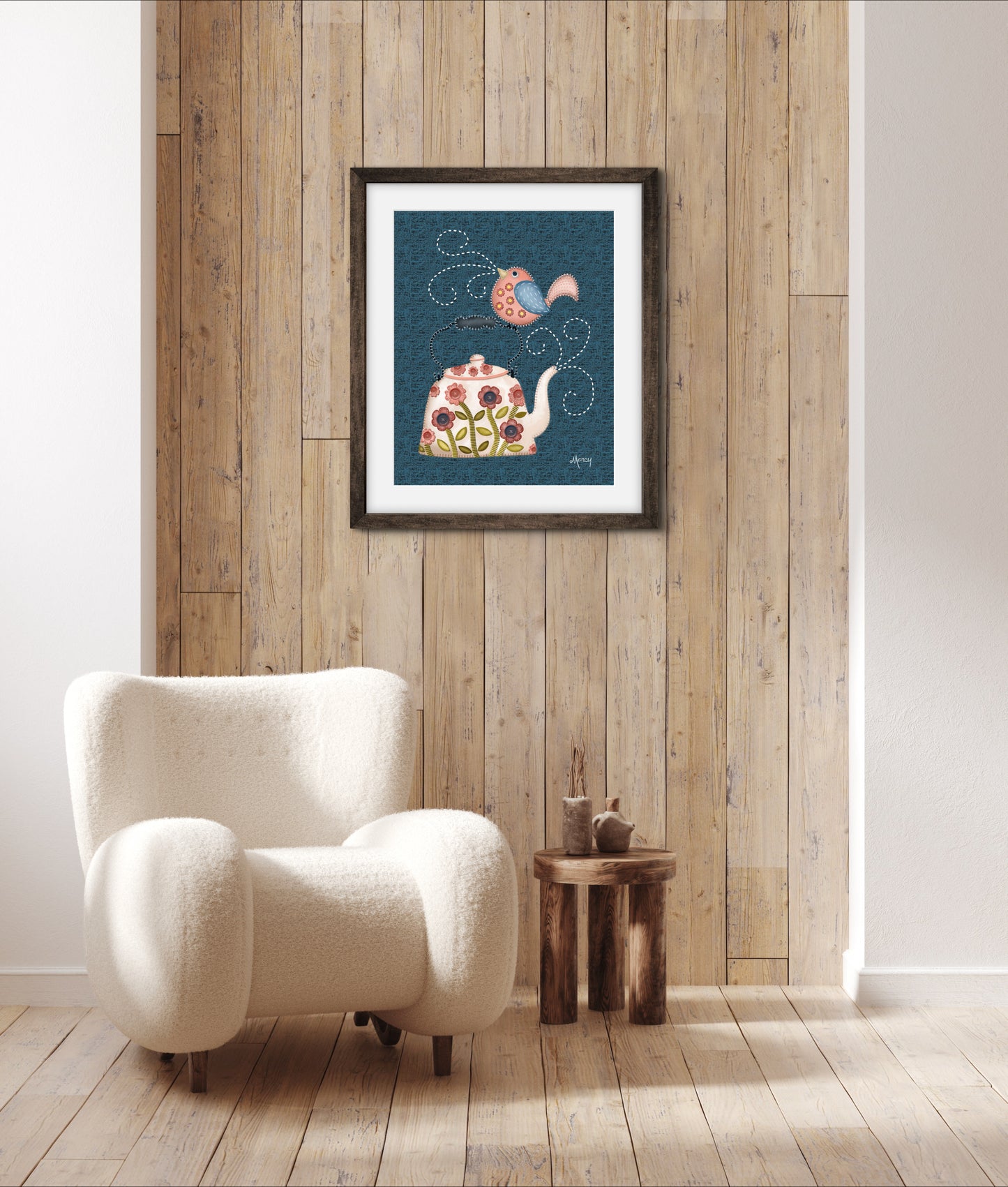 Twilight Serenade - Folk Art Stitched Felt Applique’ Teapot & Bird Print on Classic Matte Paper Wooden Framed Poster