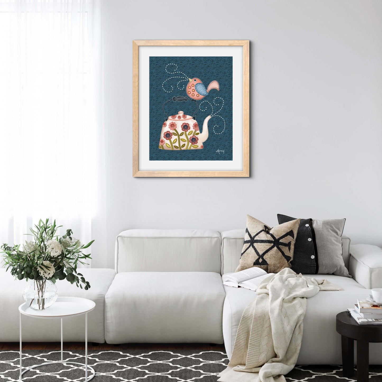 Twilight Serenade - Folk Art Stitched Felt Applique’ Teapot & Bird Print on Classic Matte Paper Wooden Framed Poster