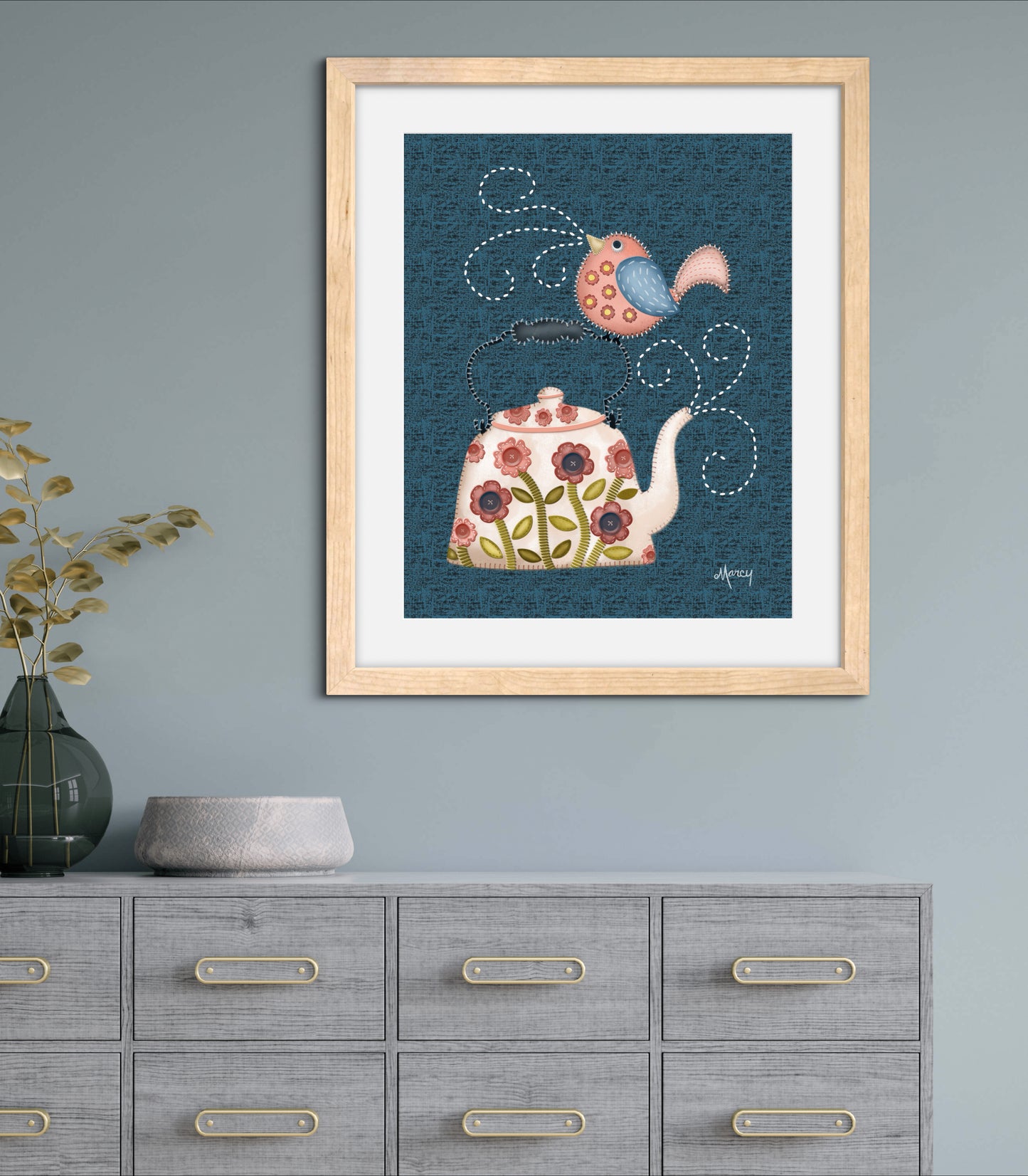 Twilight Serenade - Folk Art Stitched Felt Applique’ Teapot & Bird Print on Classic Matte Paper Wooden Framed Poster