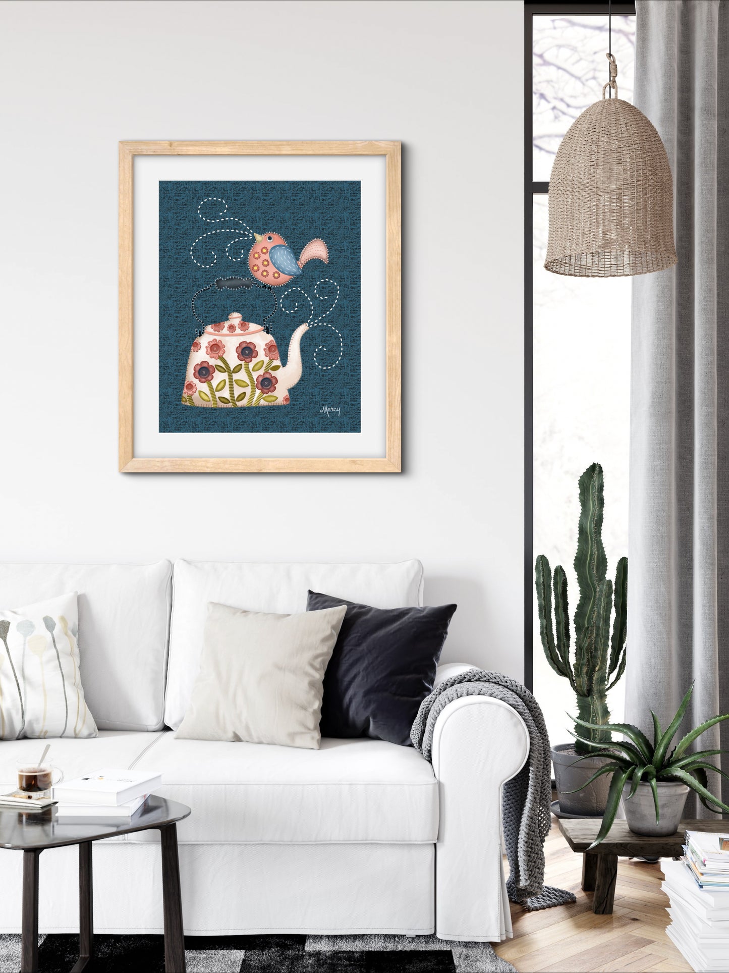 Twilight Serenade - Folk Art Stitched Felt Applique’ Teapot & Bird Print on Classic Matte Paper Wooden Framed Poster