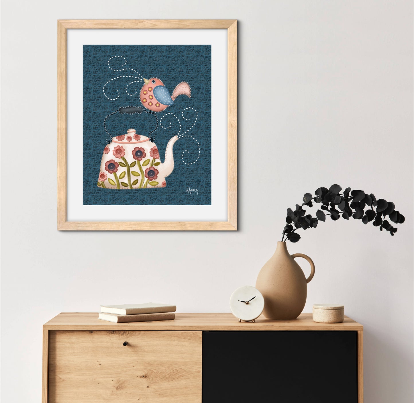 Twilight Serenade - Folk Art Stitched Felt Applique’ Teapot & Bird Print on Classic Matte Paper Wooden Framed Poster