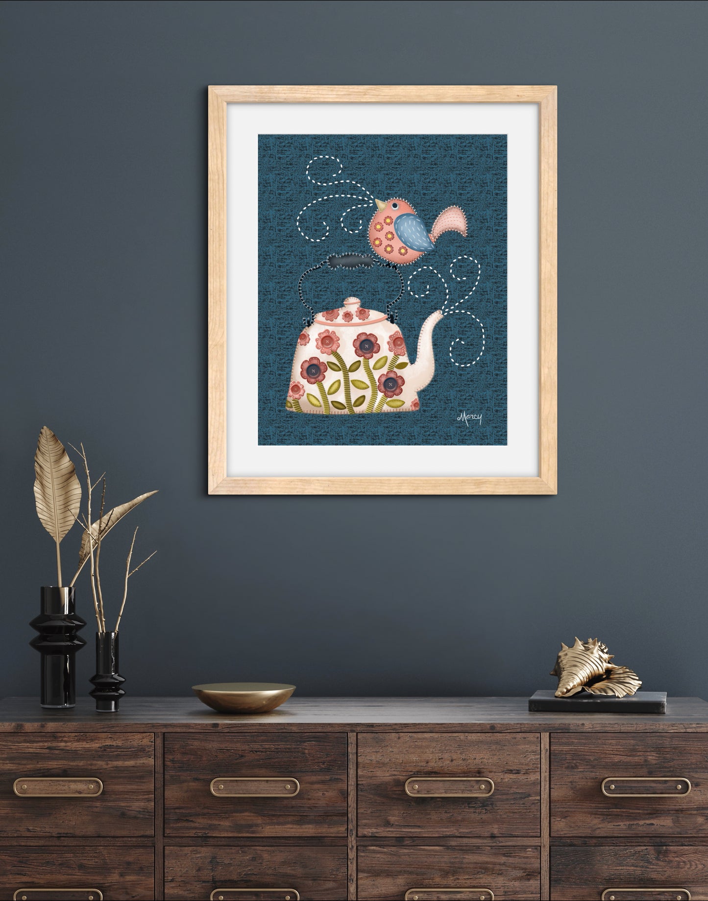 Twilight Serenade - Folk Art Stitched Felt Applique’ Teapot & Bird Print on Classic Matte Paper Wooden Framed Poster