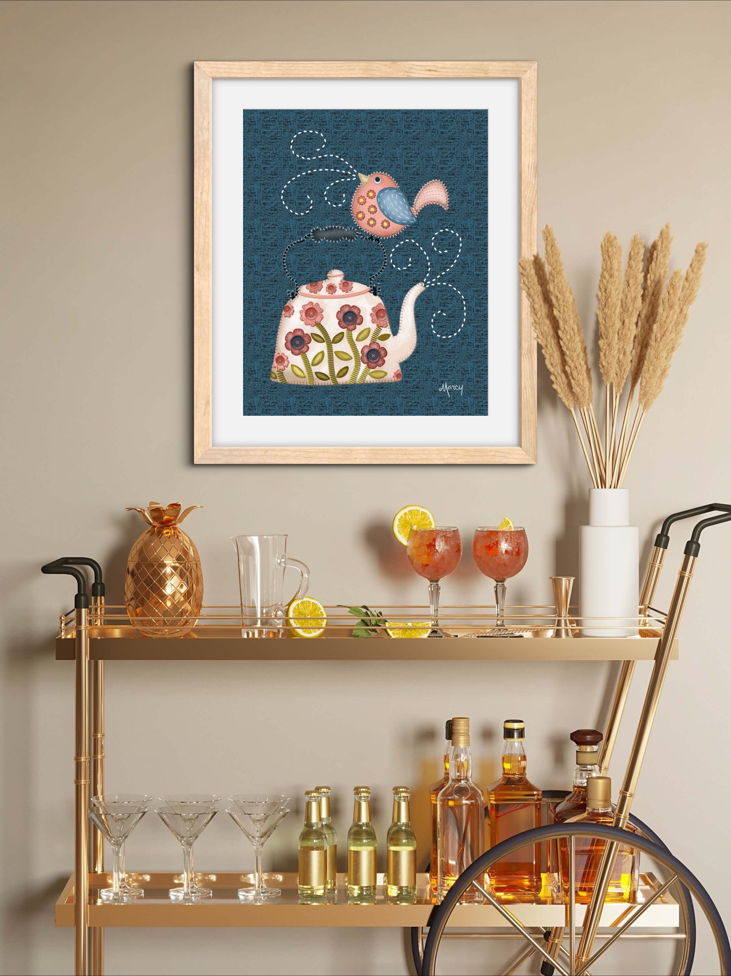 Twilight Serenade - Folk Art Stitched Felt Applique’ Teapot & Bird Print on Classic Matte Paper Wooden Framed Poster