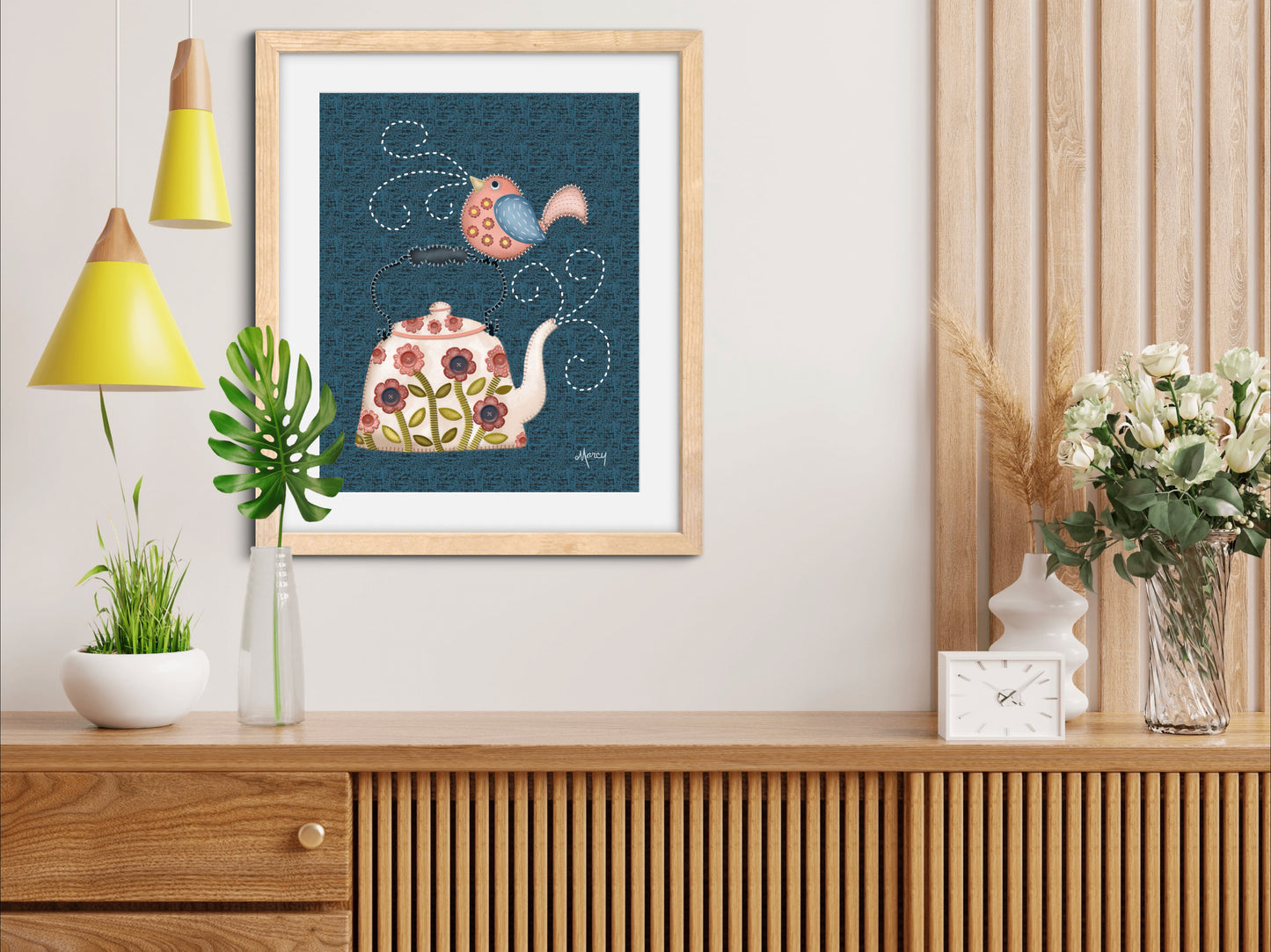 Twilight Serenade - Folk Art Stitched Felt Applique’ Teapot & Bird Print on Classic Matte Paper Wooden Framed Poster