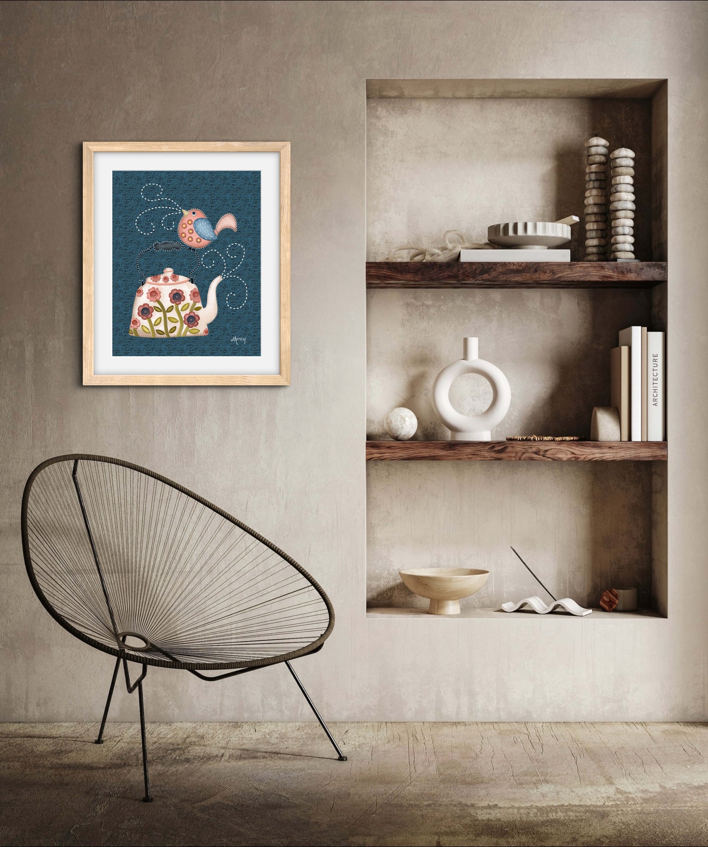 Twilight Serenade - Folk Art Stitched Felt Applique’ Teapot & Bird Print on Classic Matte Paper Wooden Framed Poster