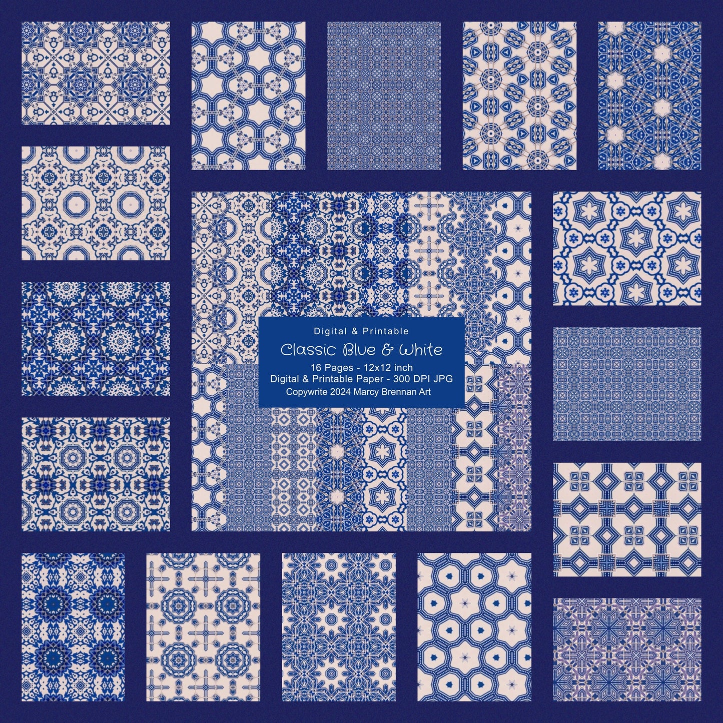 Classic Blue & White - 12x12 Inch Paper Pack Instant Digital Download