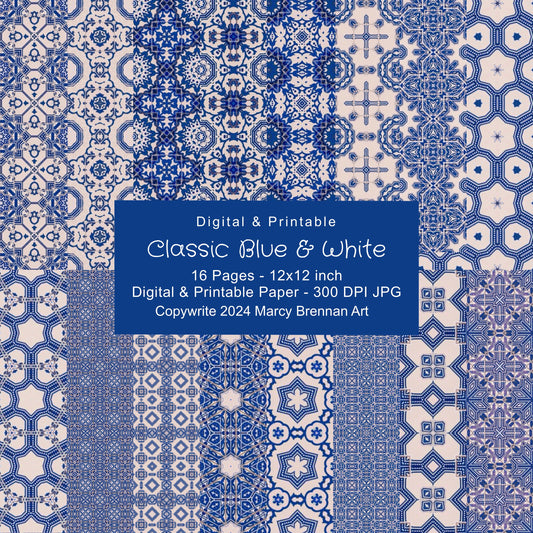 Classic Blue & White - 12x12 Inch Paper Pack Instant Digital Download