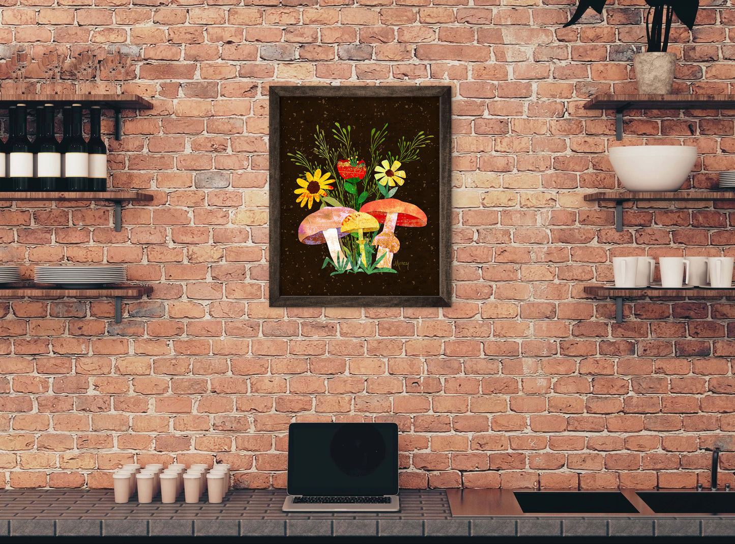 Shrooms n Fleurs Collage — Premium Wooden Framed Poster With Premium Matte Paper