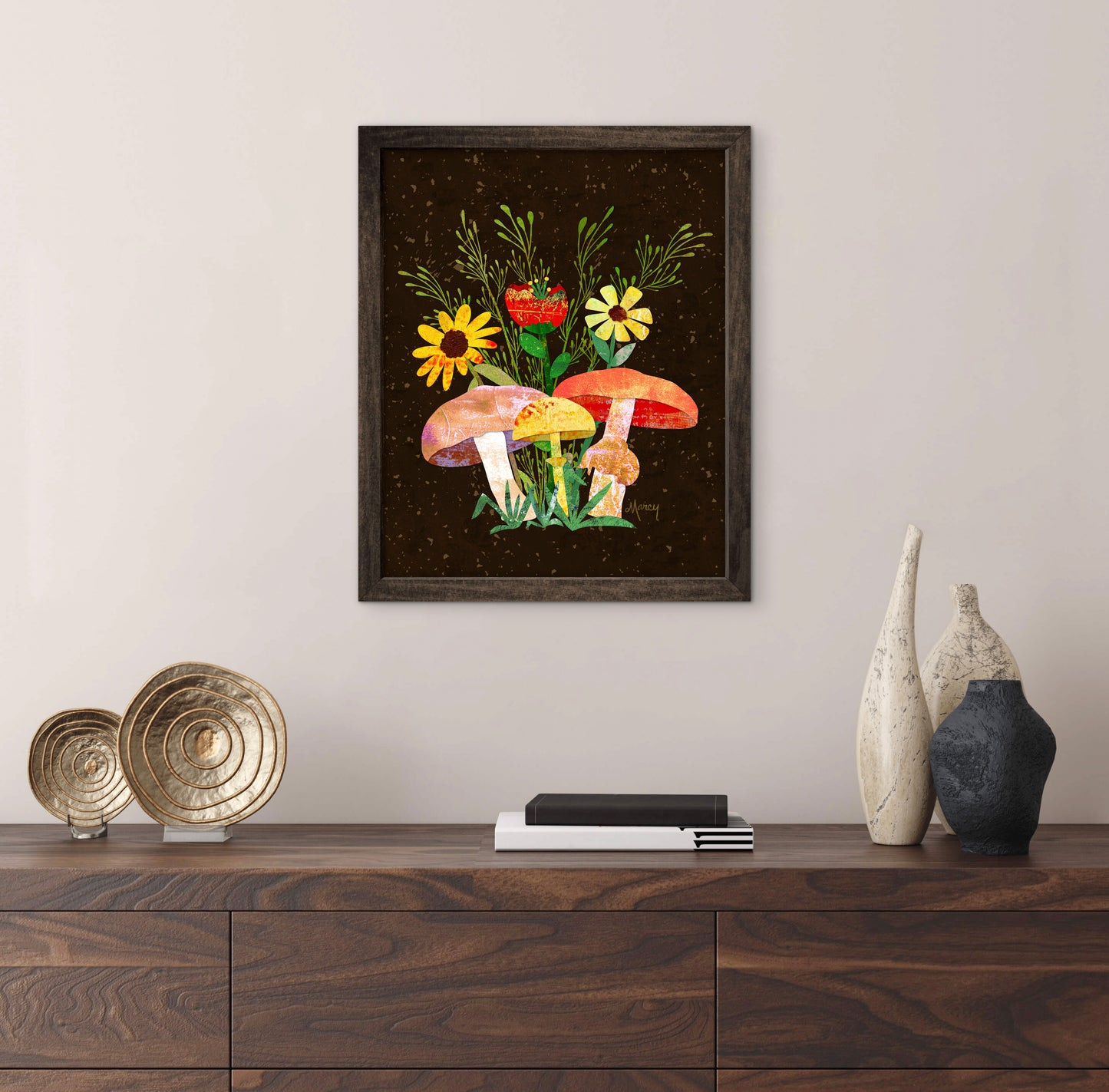 Shrooms n Fleurs Collage — Premium Wooden Framed Poster With Premium Matte Paper