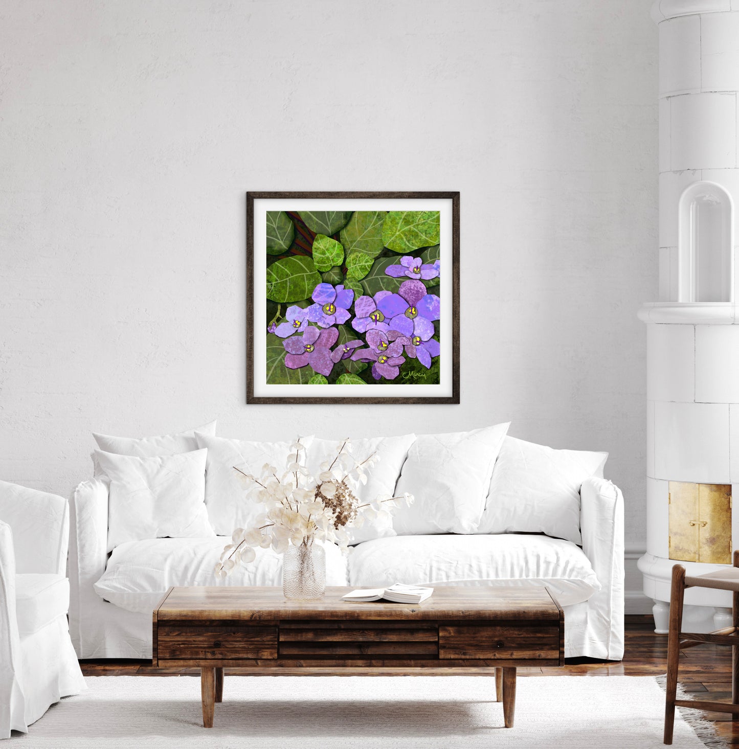 African Violets Digital Painted Paper Collage - Premium Matte Paper Wooden Framed Poster
