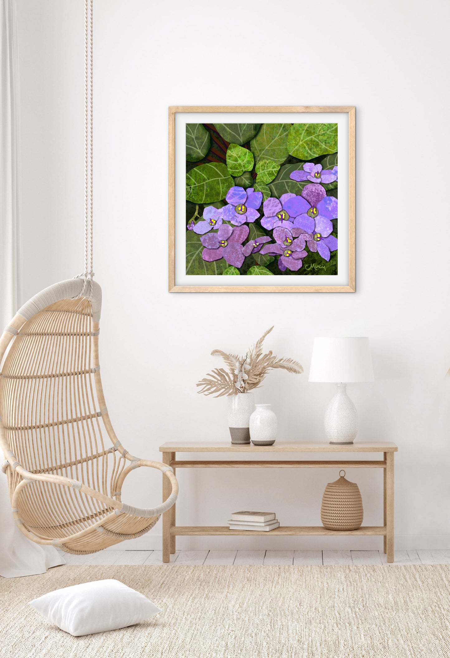 African Violets Digital Painted Paper Collage - Premium Matte Paper Wooden Framed Poster