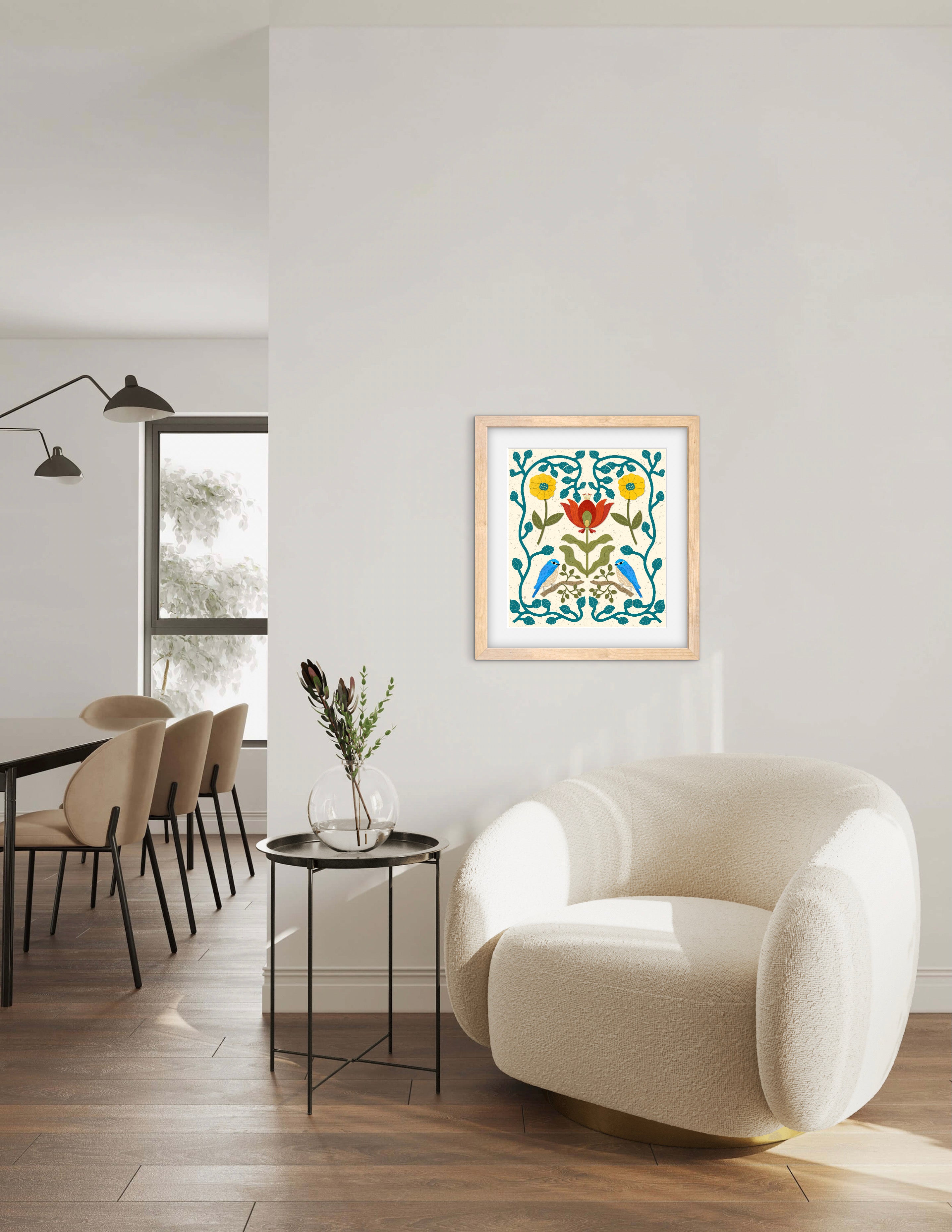 Scandi Birds and Flowers — Premium Matte Paper Wooden Framed
