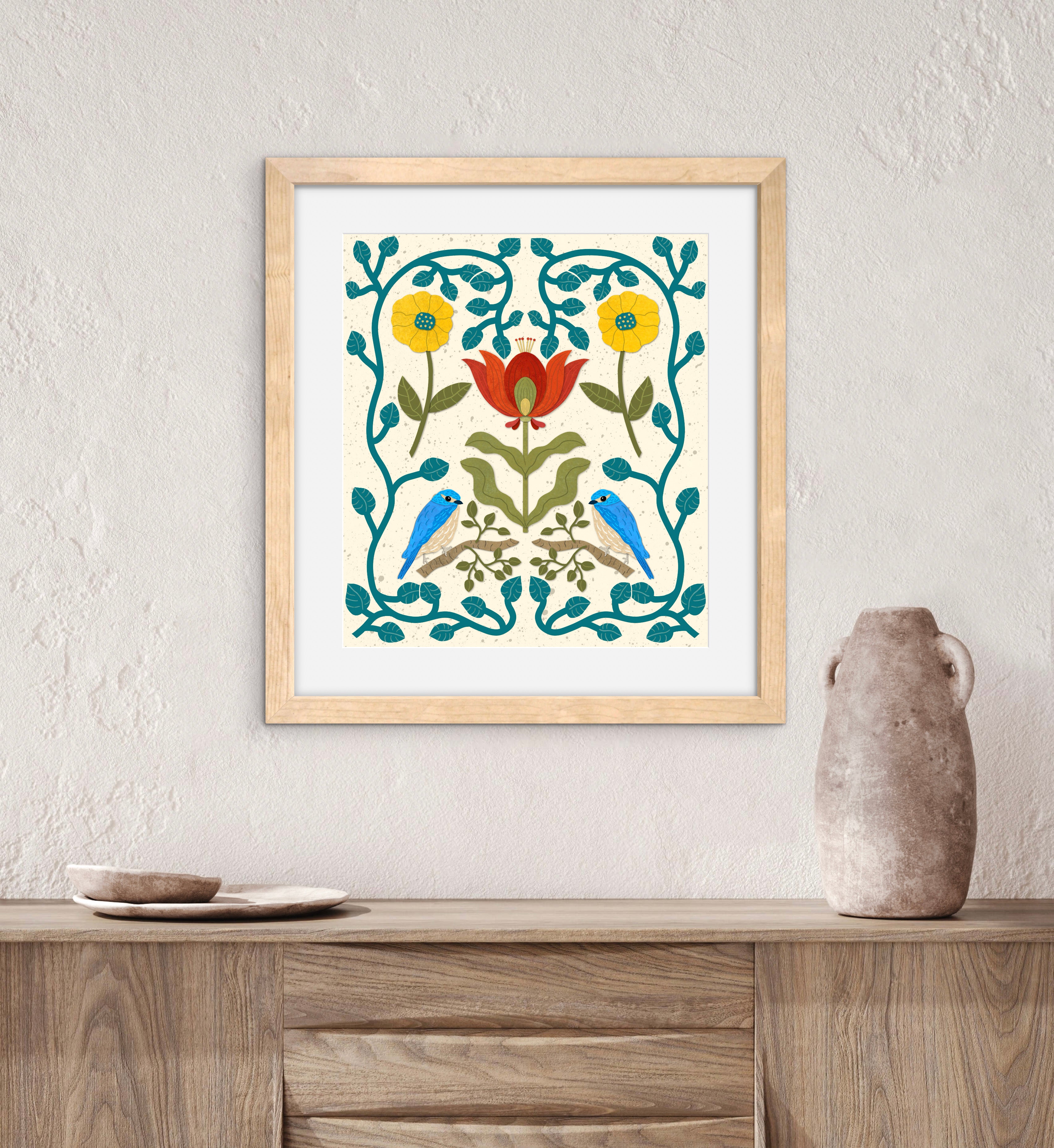 Scandi Birds and Flowers — Premium Matte Paper Wooden Framed