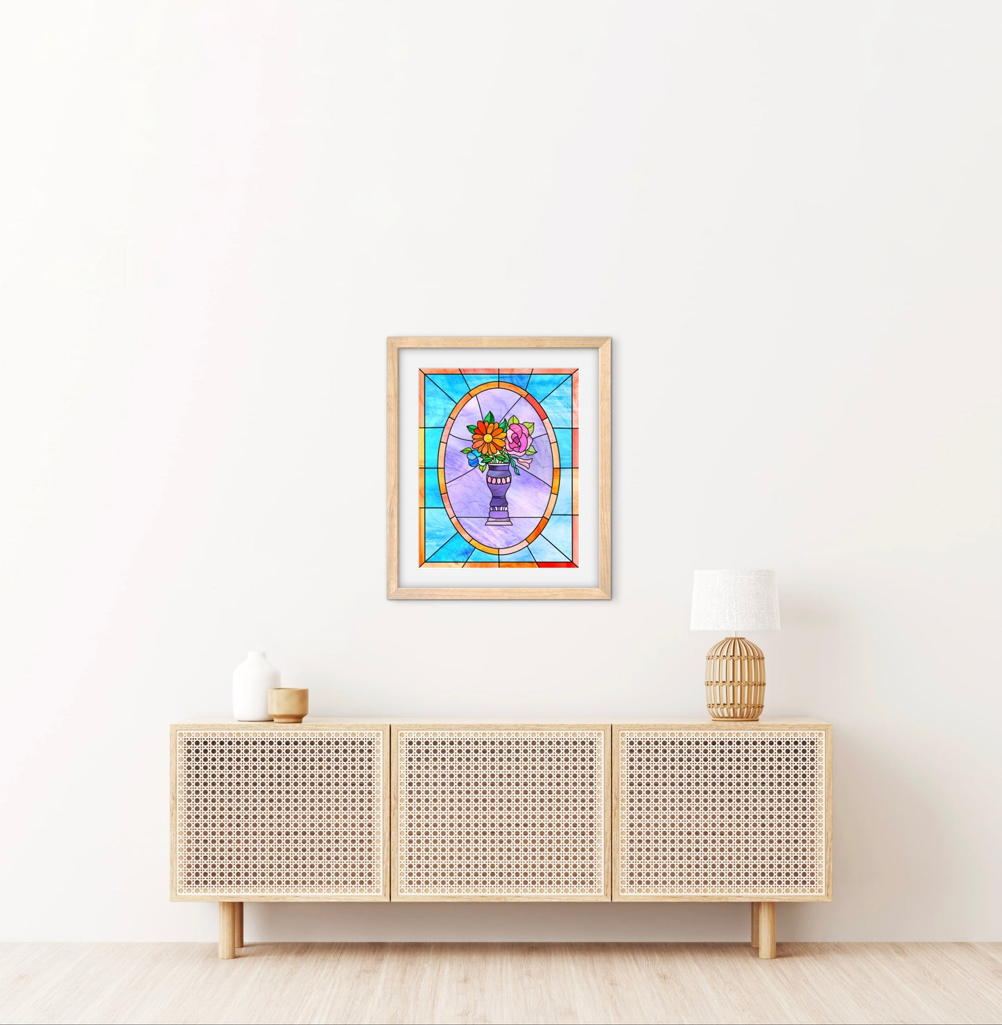Stained Glass Vase of Flowers — Premium Matte Paper Wooden Framed Poster