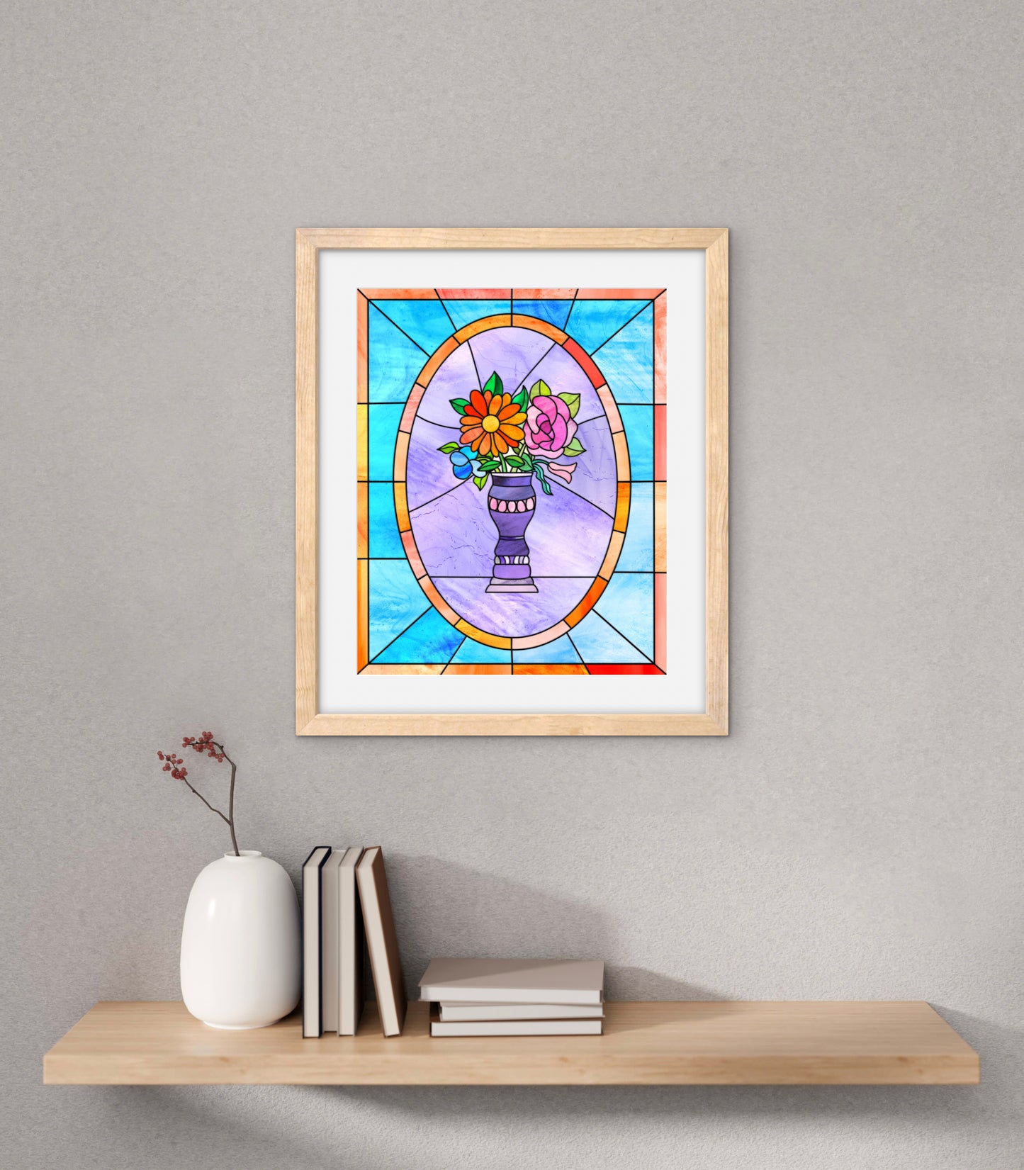 Stained Glass Vase of Flowers — Premium Matte Paper Wooden Framed Poster