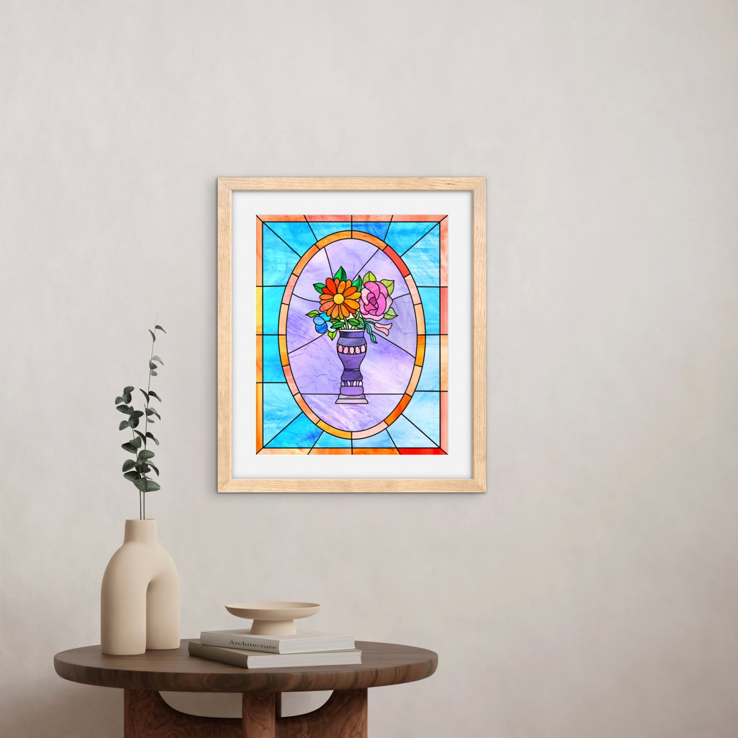 Stained Glass Vase of Flowers — Premium Matte Paper Wooden Framed Poster