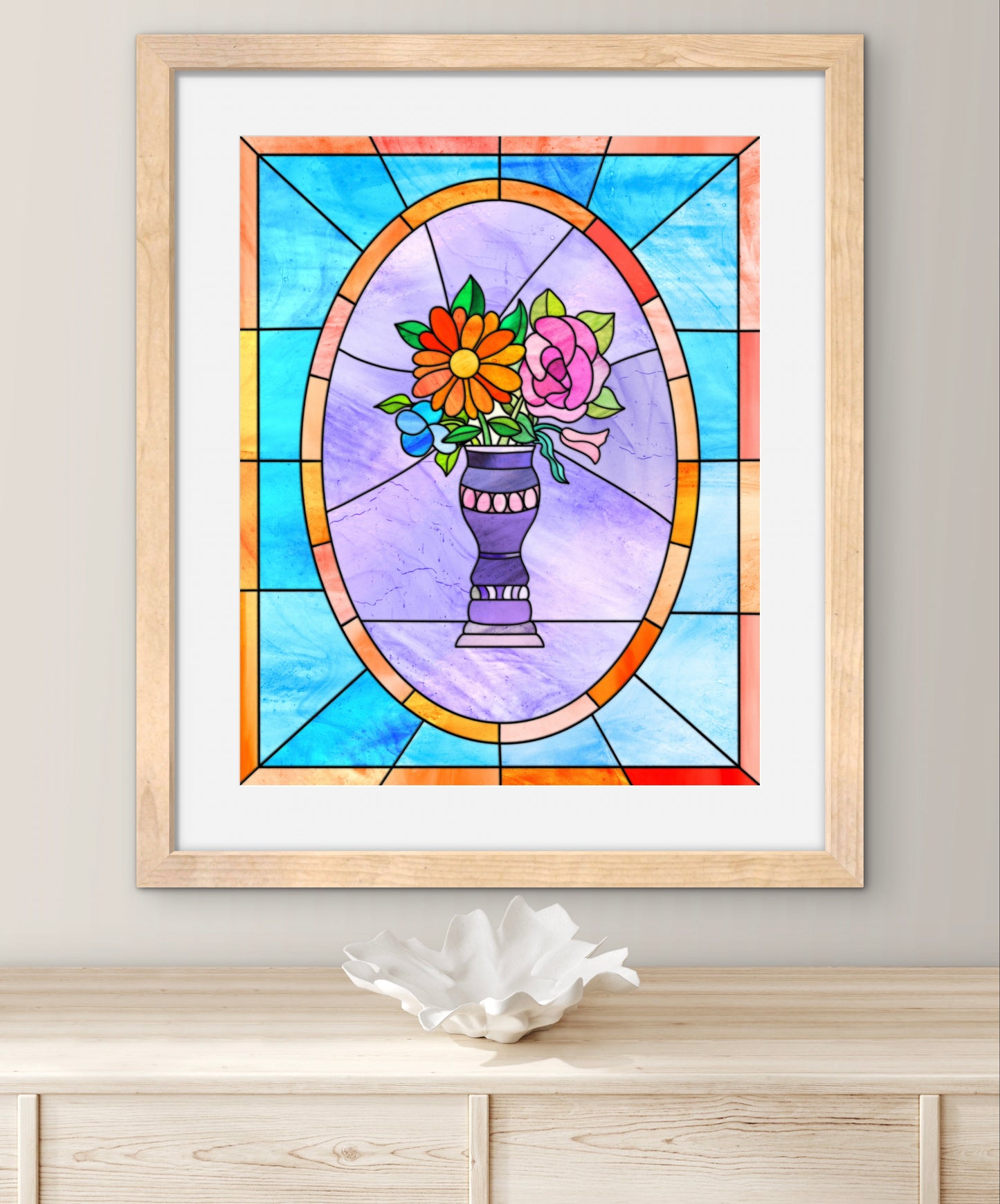 Stained Glass Vase of Flowers — Premium Matte Paper Wooden Framed Poster