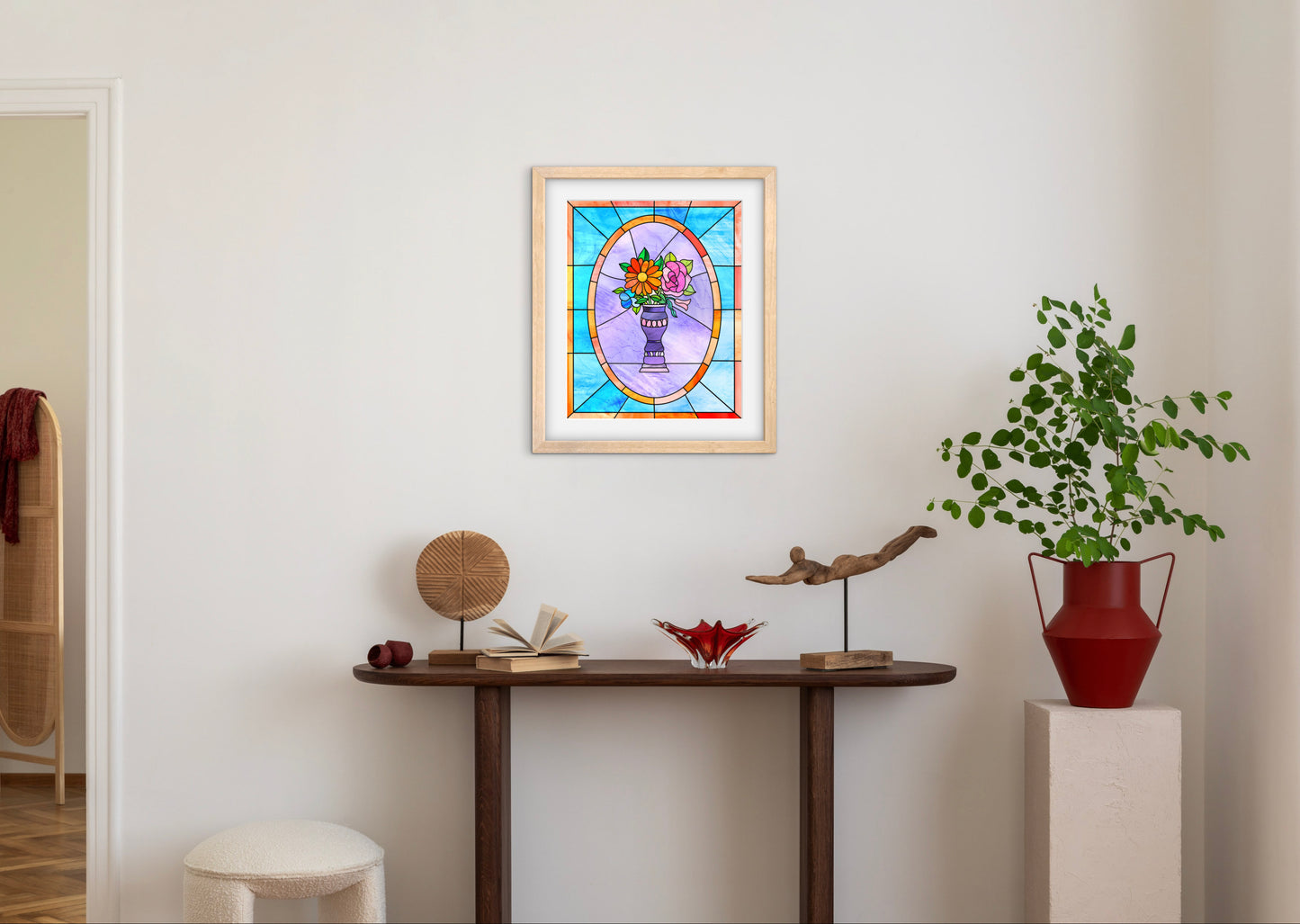Stained Glass Vase of Flowers — Premium Matte Paper Wooden Framed Poster