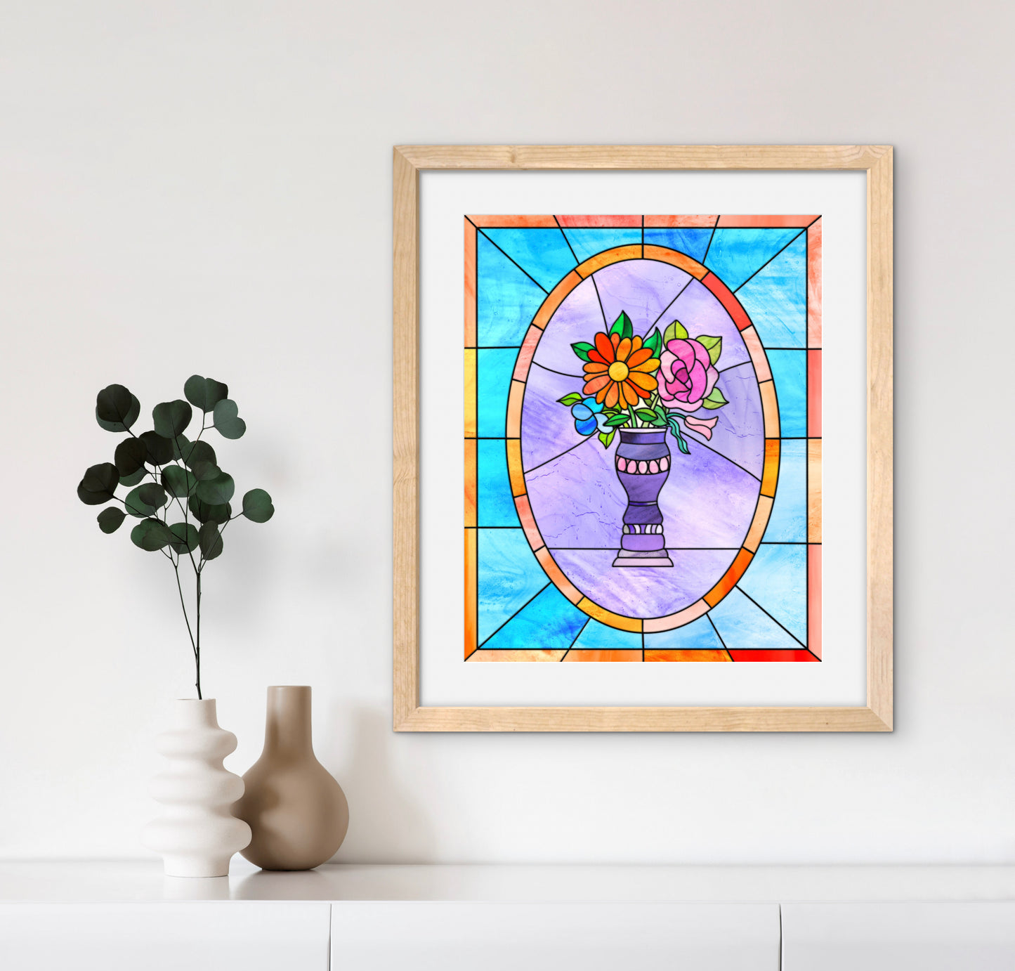 Stained Glass Vase of Flowers — Premium Matte Paper Wooden Framed Poster