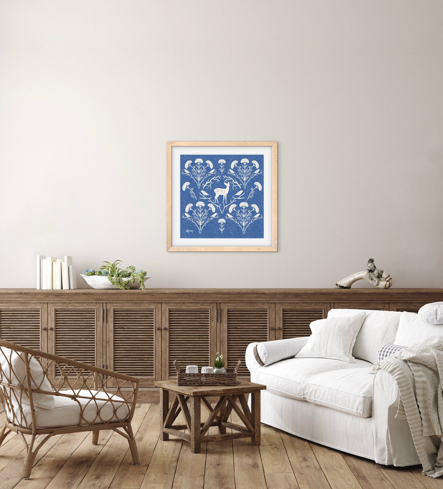 Appalachian Yarrow, Deer and Goldfinches — Premium Matte Paper Wooden Framed Poster