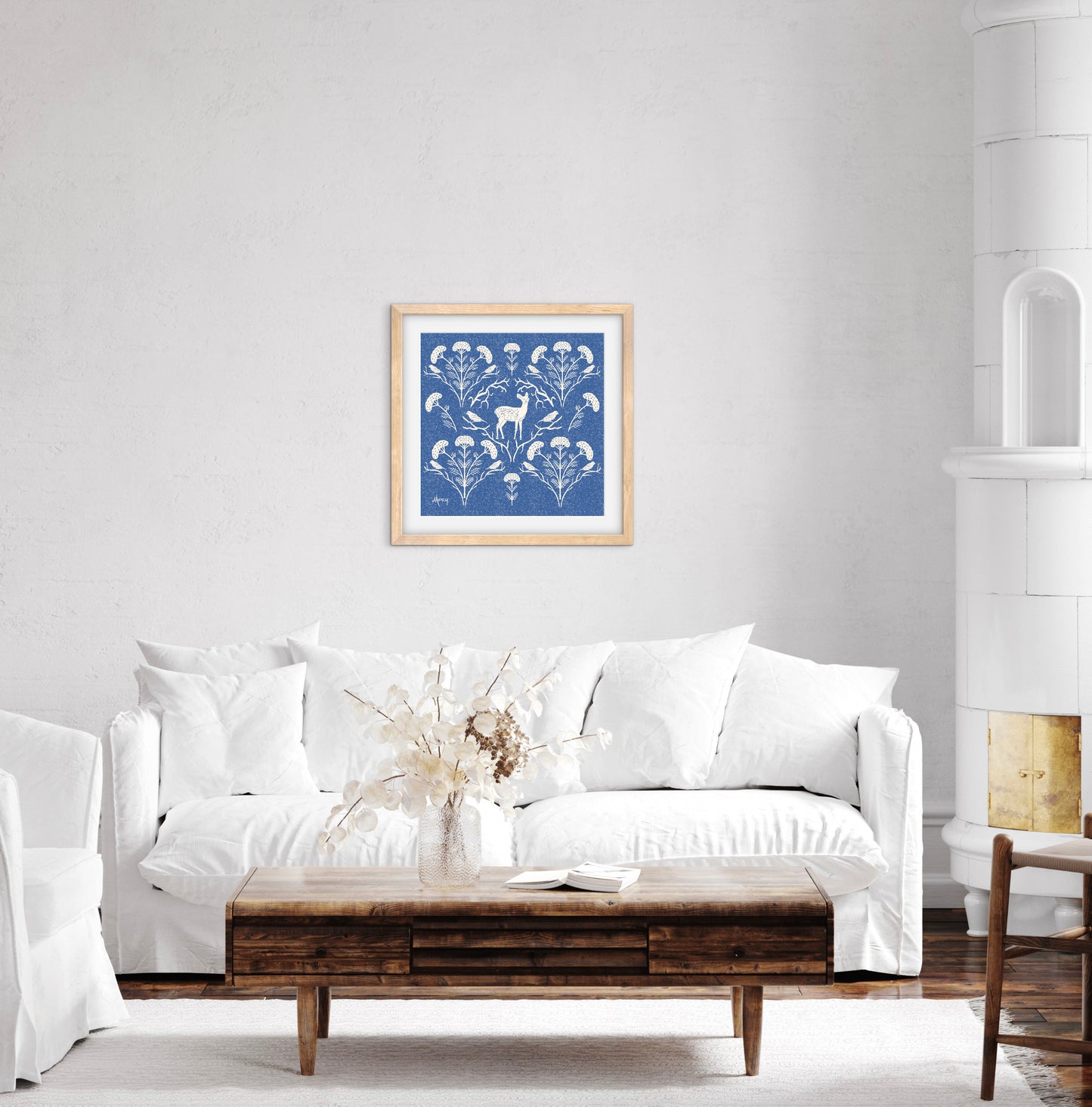 Appalachian Yarrow, Deer and Goldfinches — Premium Matte Paper Wooden Framed Poster