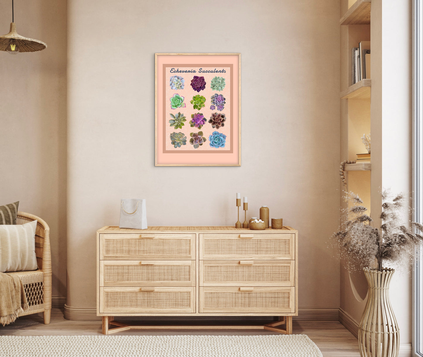 Echeveria Succulent Framed Poster Print - Soft Peach Botanical Wall Art